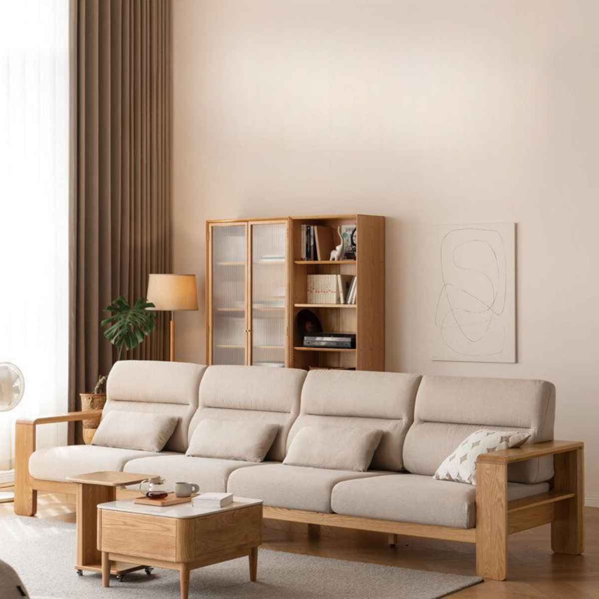Oak Solid Wood Wide-Armrest Lounge Corner Fabric Sofa