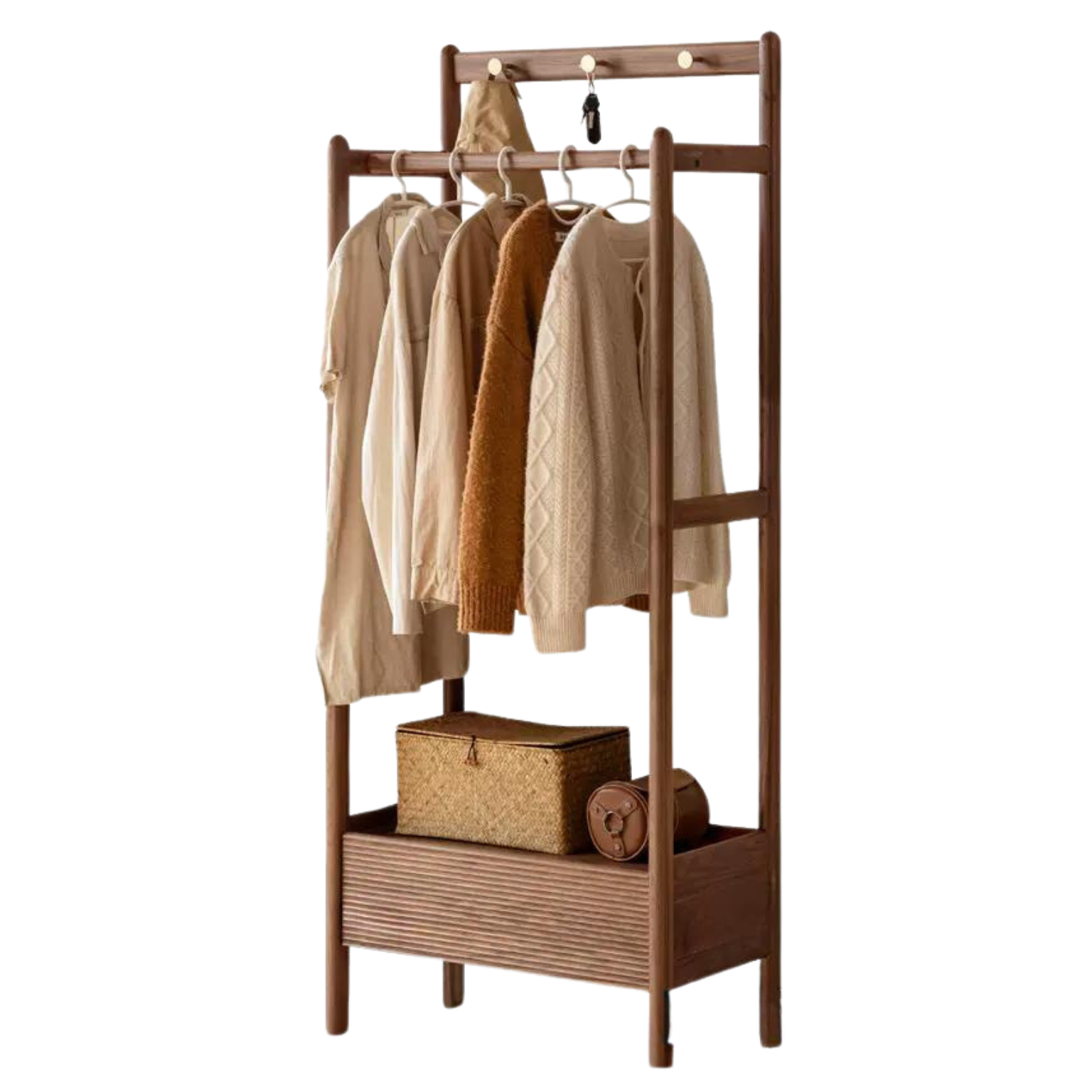 Black Walnut, Oak Solid Wood Floor to Floor Clothes Storage Rack