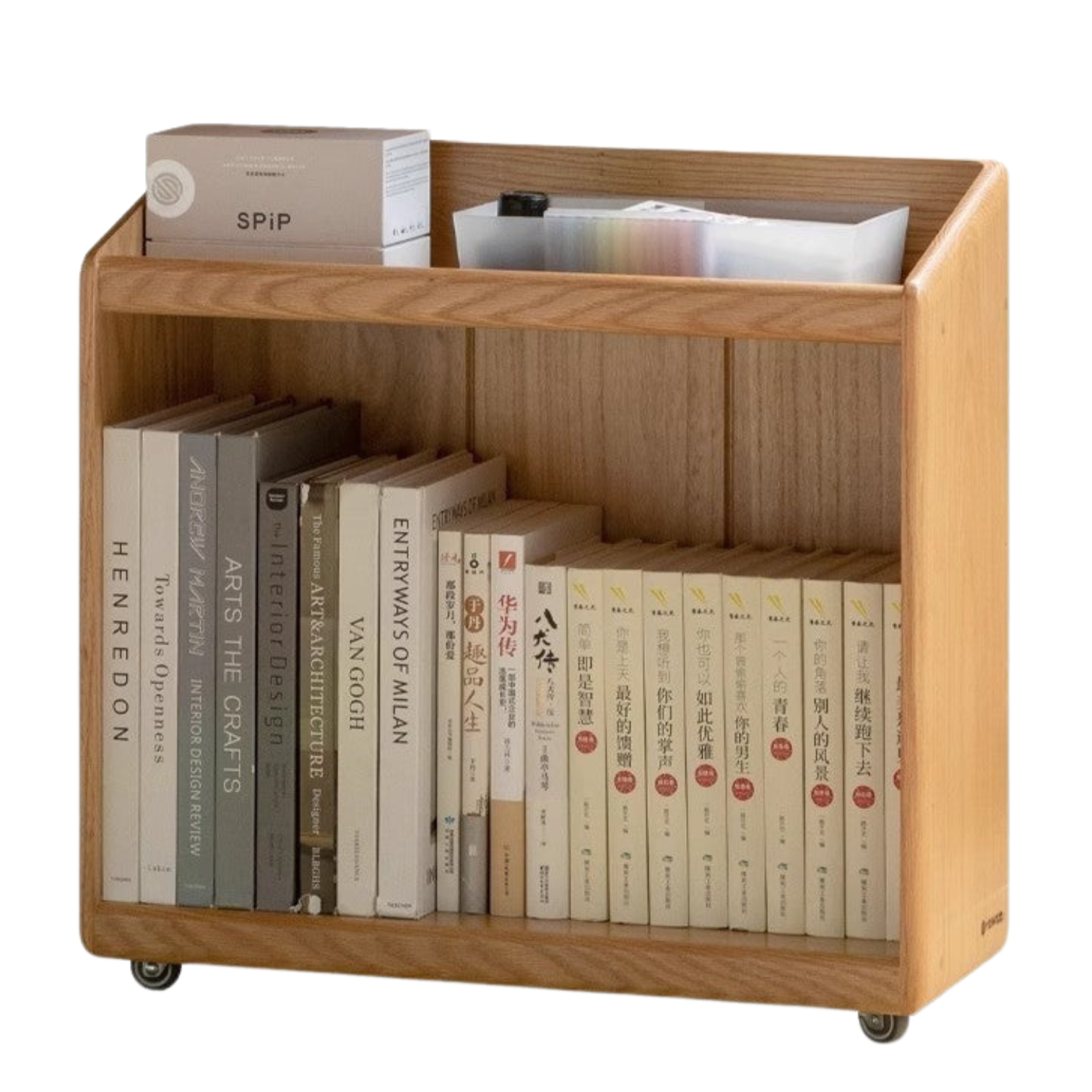 Oak, Rubberwood Solid Wood Under-desk Mobile Bookshelf