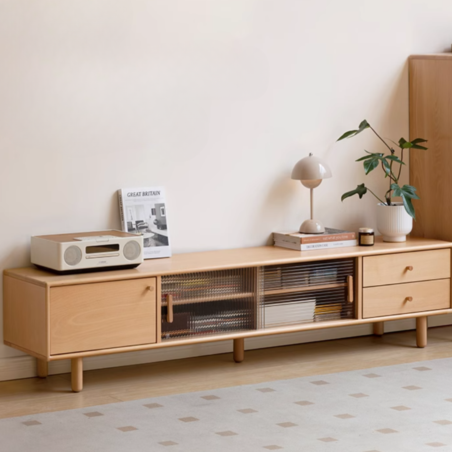 Beech Solid Wood Floor TV Cabinet.