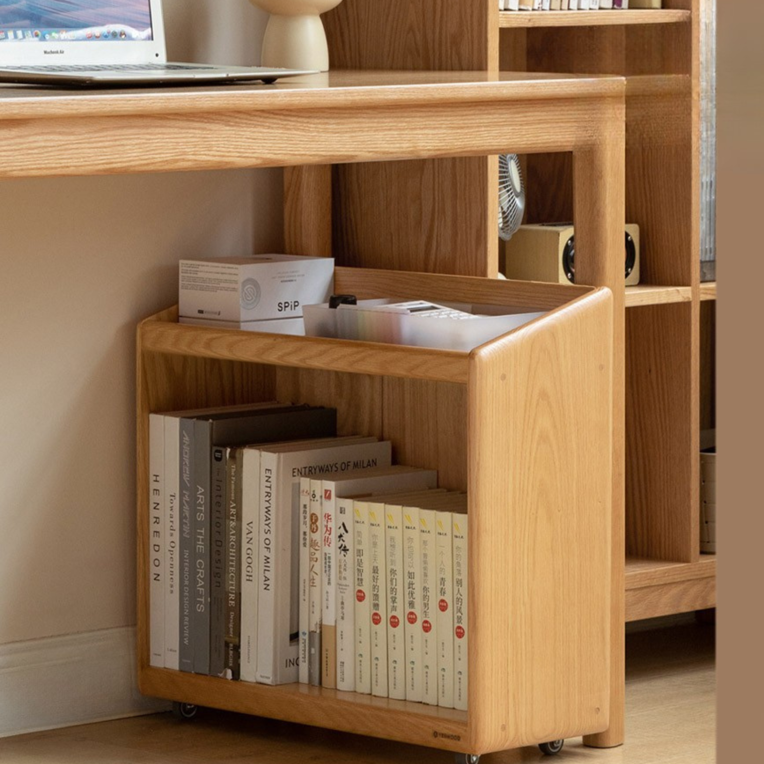 Oak, Rubberwood Solid Wood Under-desk Mobile Bookshelf