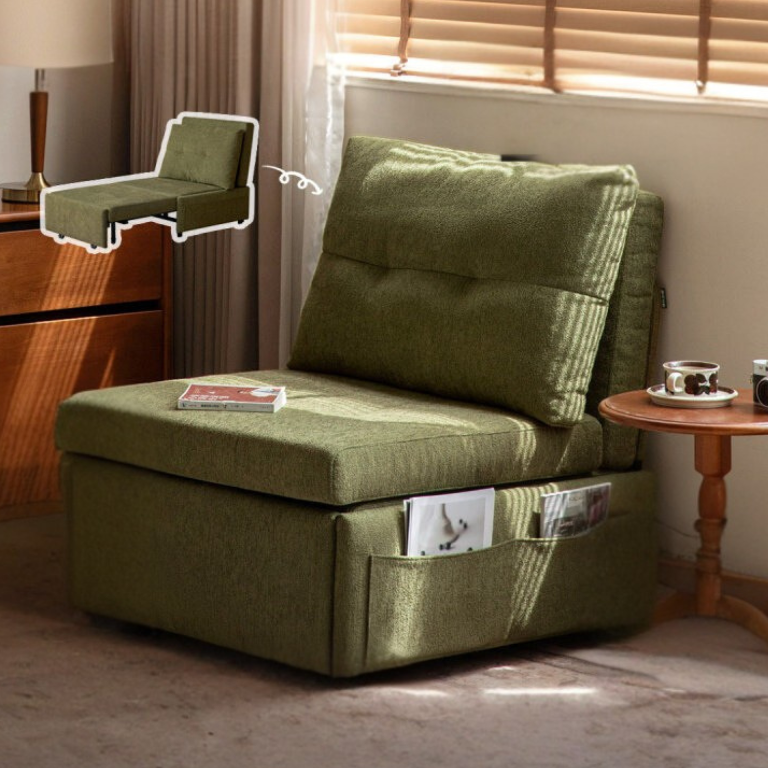 Fabric Convertible Sleeper Chair with Side Storage Pocket