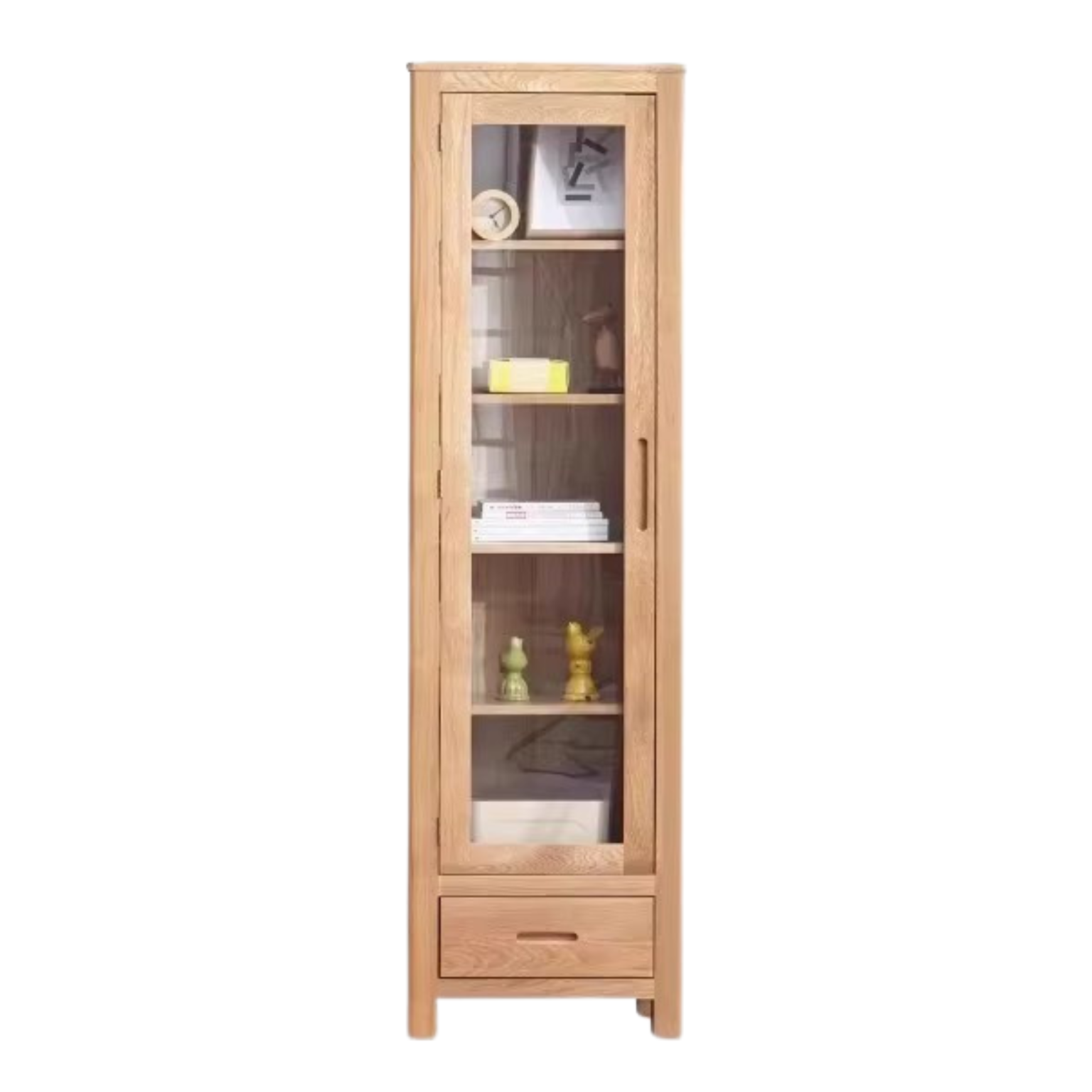 Oak, Solid Rubberwood Modern Bookcase with Glass Door Display Cabinet