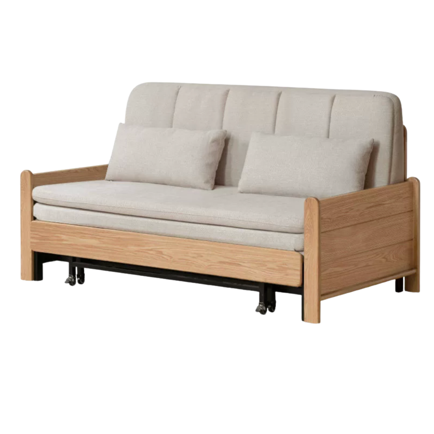 Ash, Oak Solid Wood Sleeper Sofa with Solid Wood Armrests and Built-In Wheels
