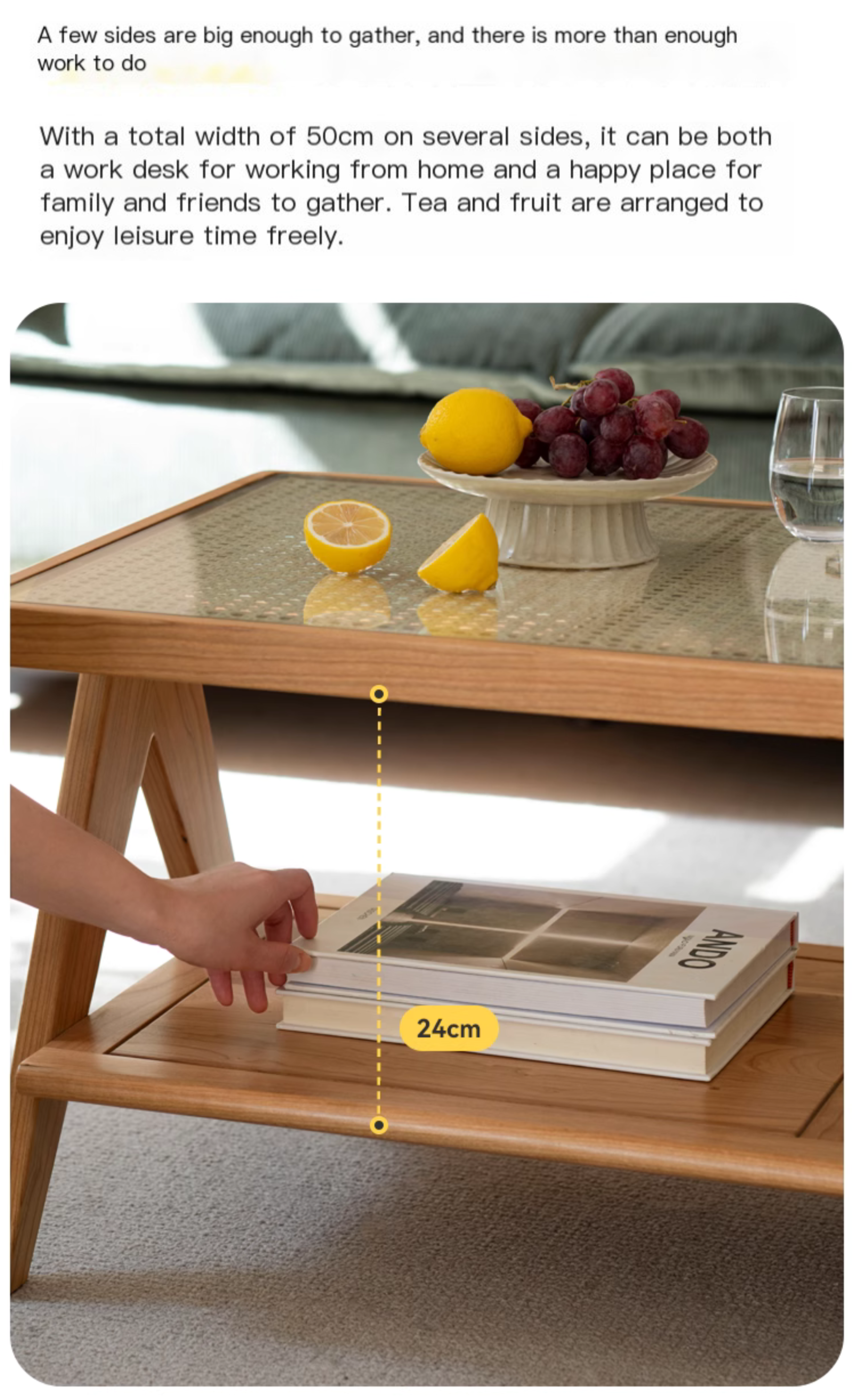 Cherry Solid Wood Modern Rattan Glass Tea Table