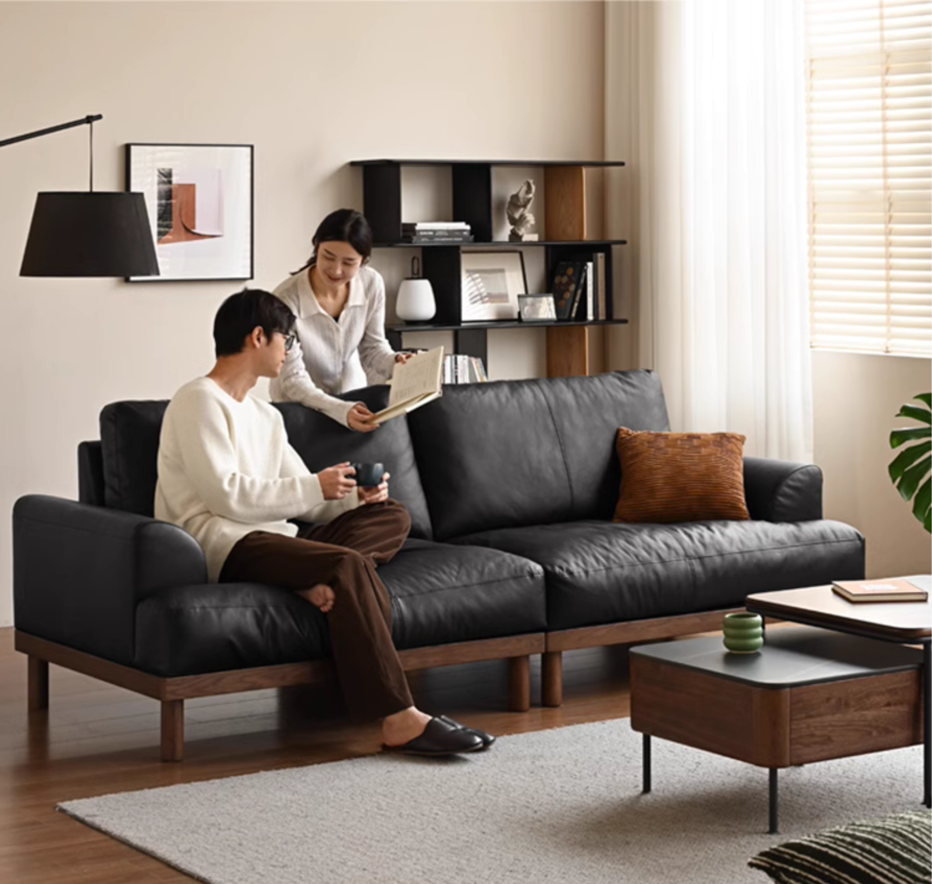 Oak Solid Wood Genuine Leather Sofa