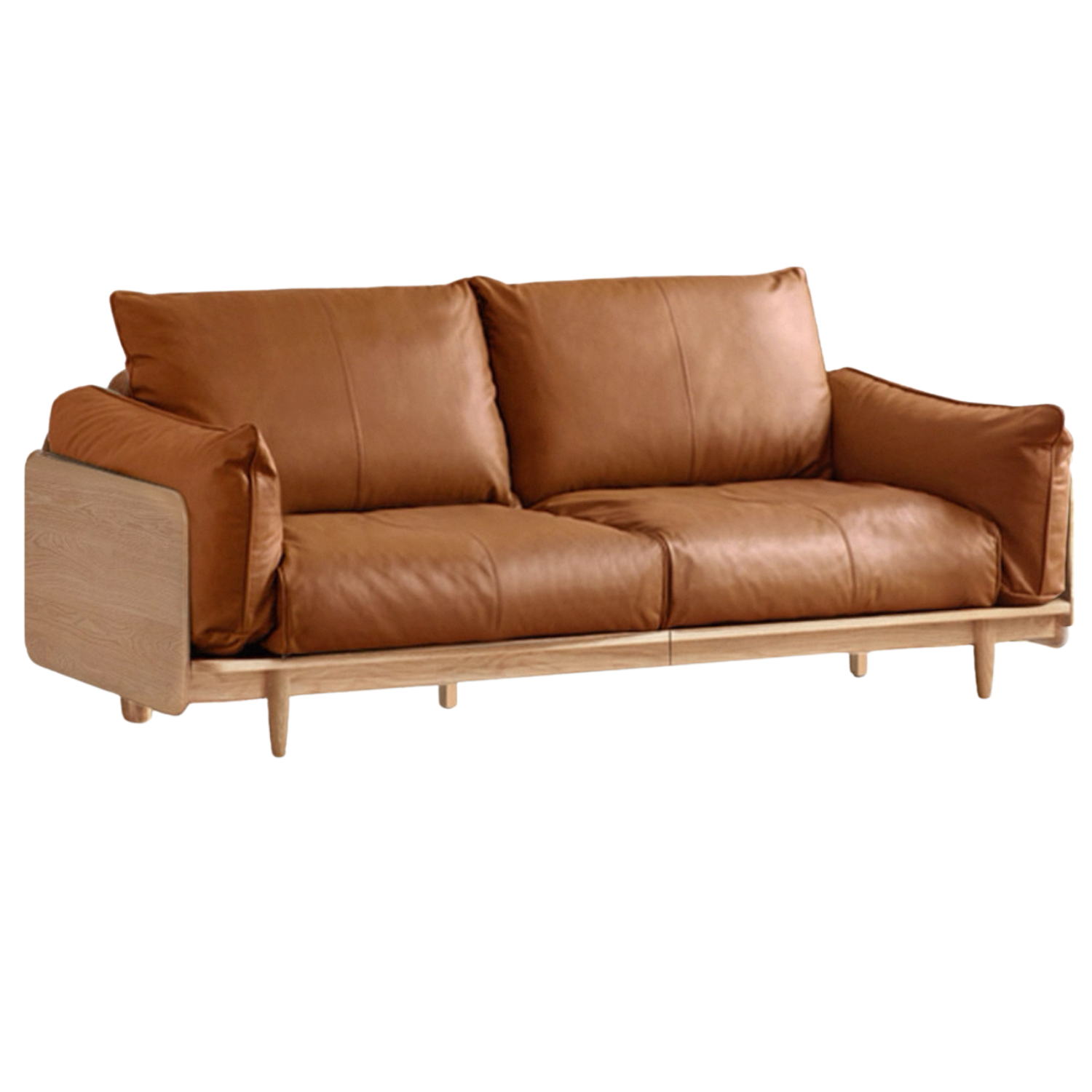 Oak, Ash Solid Wood Sofa with Exposed Wide Arms, High-Back, Genuine leather -fabric