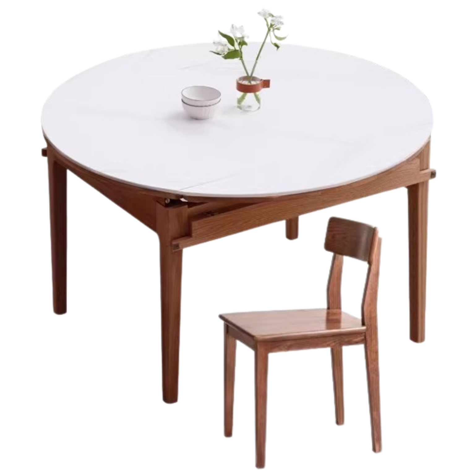 Oak, Solid Rubberwood Round Folding Dining Table With Rock Slab Surface