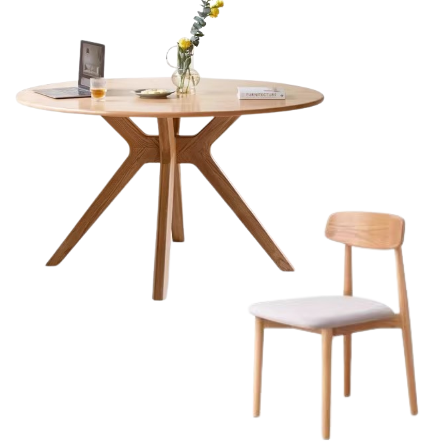 Oak Solid Wood Round Nordic Dining Table With Rock Slab Surface