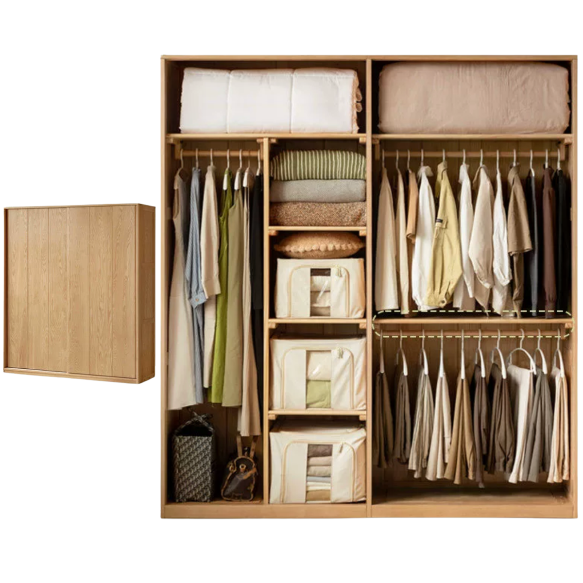 Ash Solid Wood Sliding Door Wardrobe with Built-In Shelves and Drawers