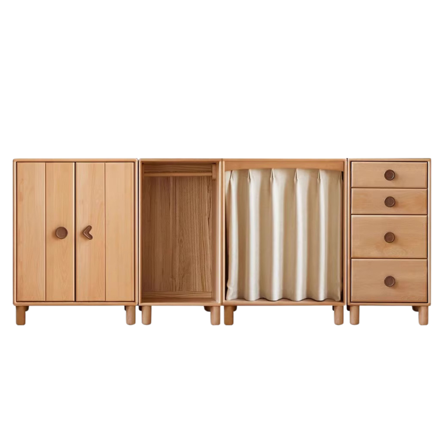 Beech, Rubber Solid Wood Children's Wardrobe,Combination Storage Cabinet