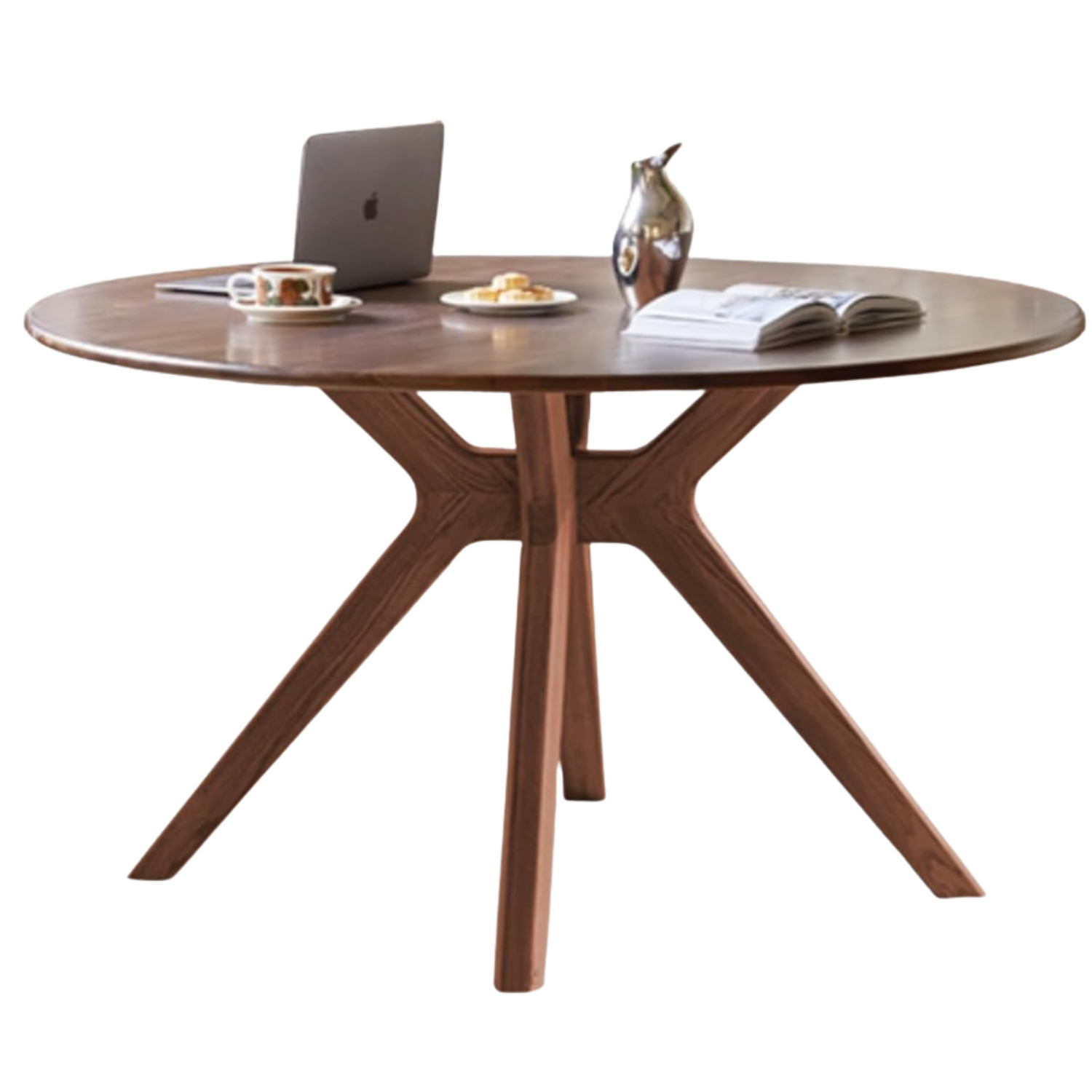Black Walnut, Oak Solid Wood Round Dining Table with X-Shape Crossed Legs