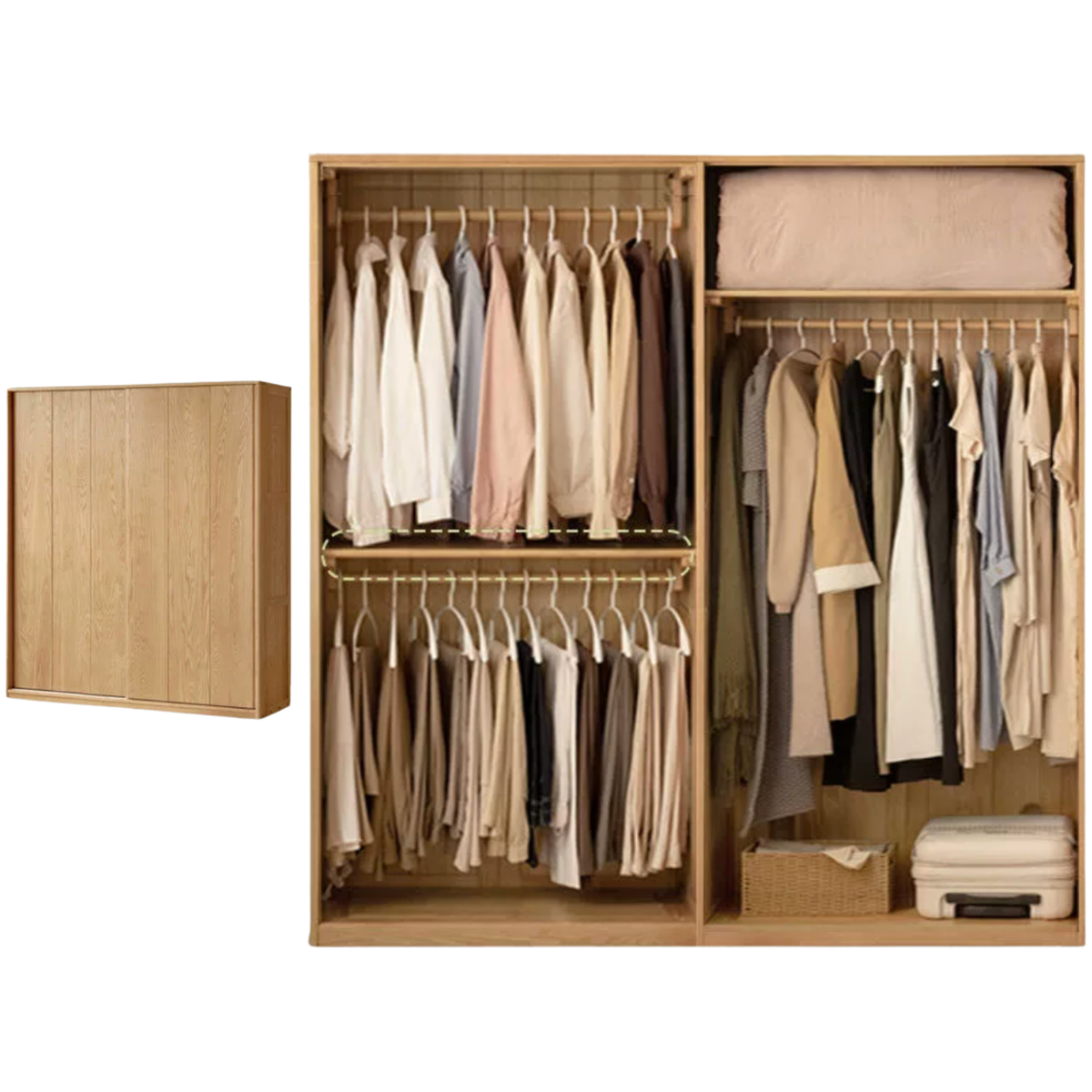 Ash Solid Wood Sliding Door Wardrobe with Built-In Shelves and Drawers