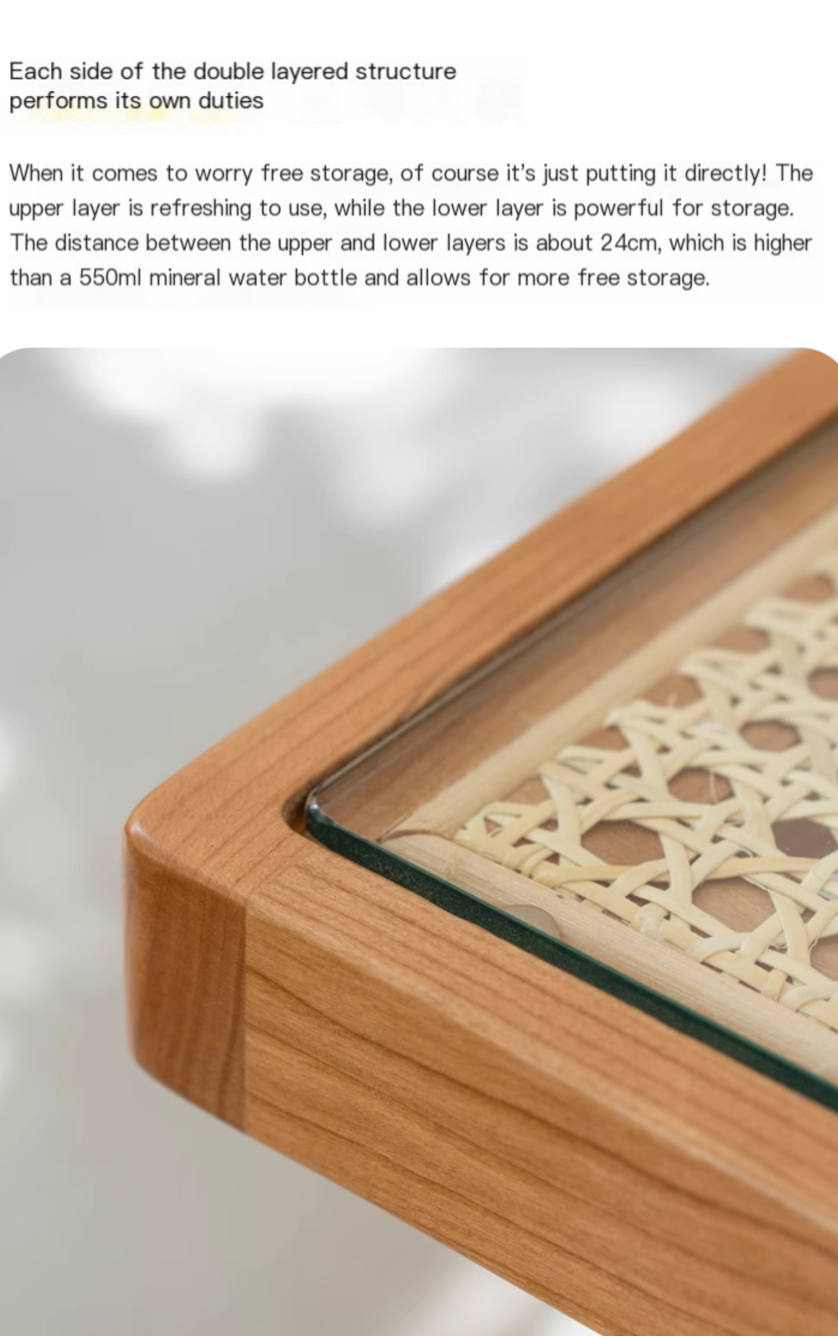 Cherry Solid Wood Modern Rattan Glass Tea Table
