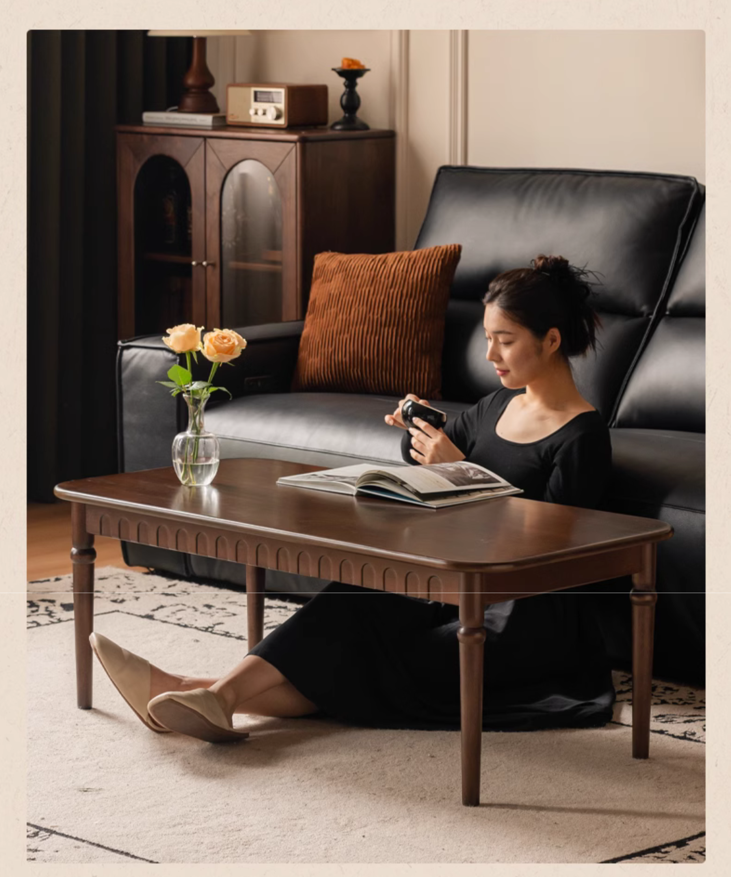 Poplar Solid Wood French Retro Rectangular Coffee Table.