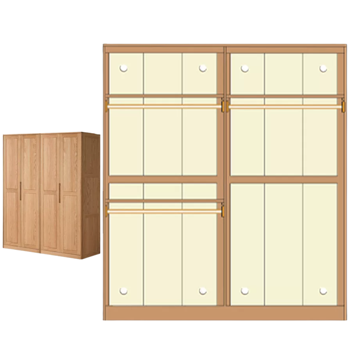 Oak solid wood Wardrobe with Flat Panel Doors and Groove Handles