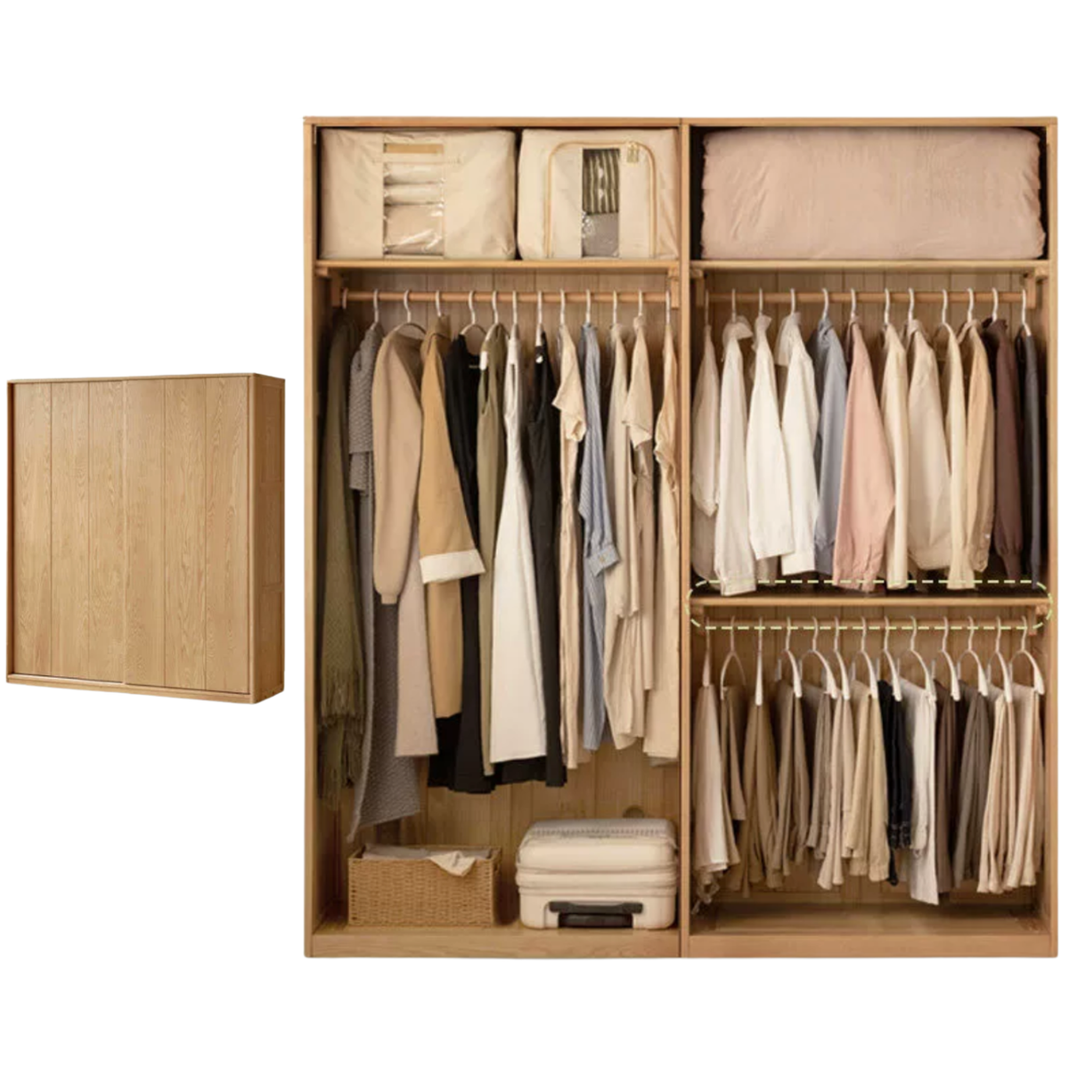 Ash Solid Wood Sliding Door Wardrobe with Built-In Shelves and Drawers
