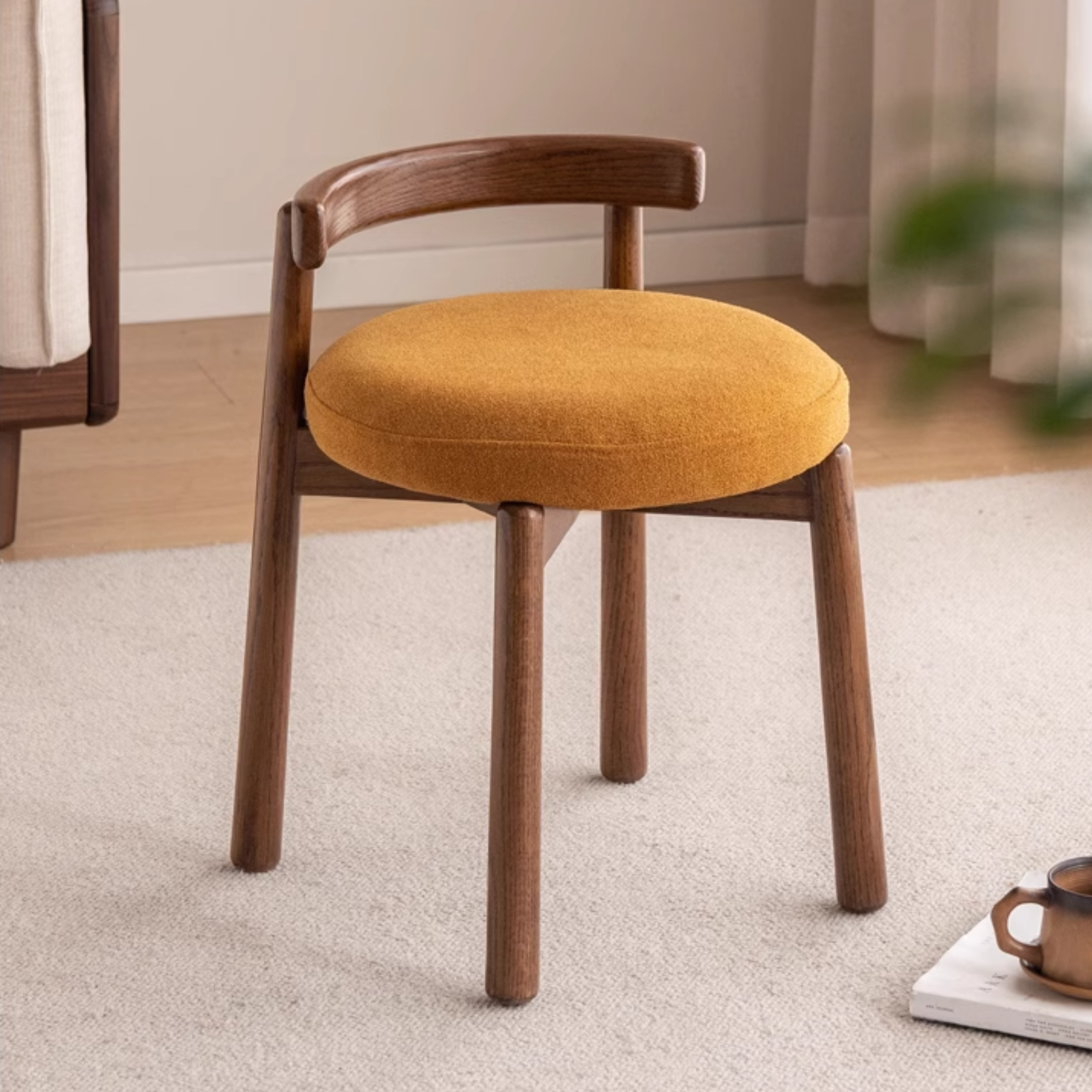 Black Walnut, Oak Solid Wood, Solid RubberWood Makeup Stool