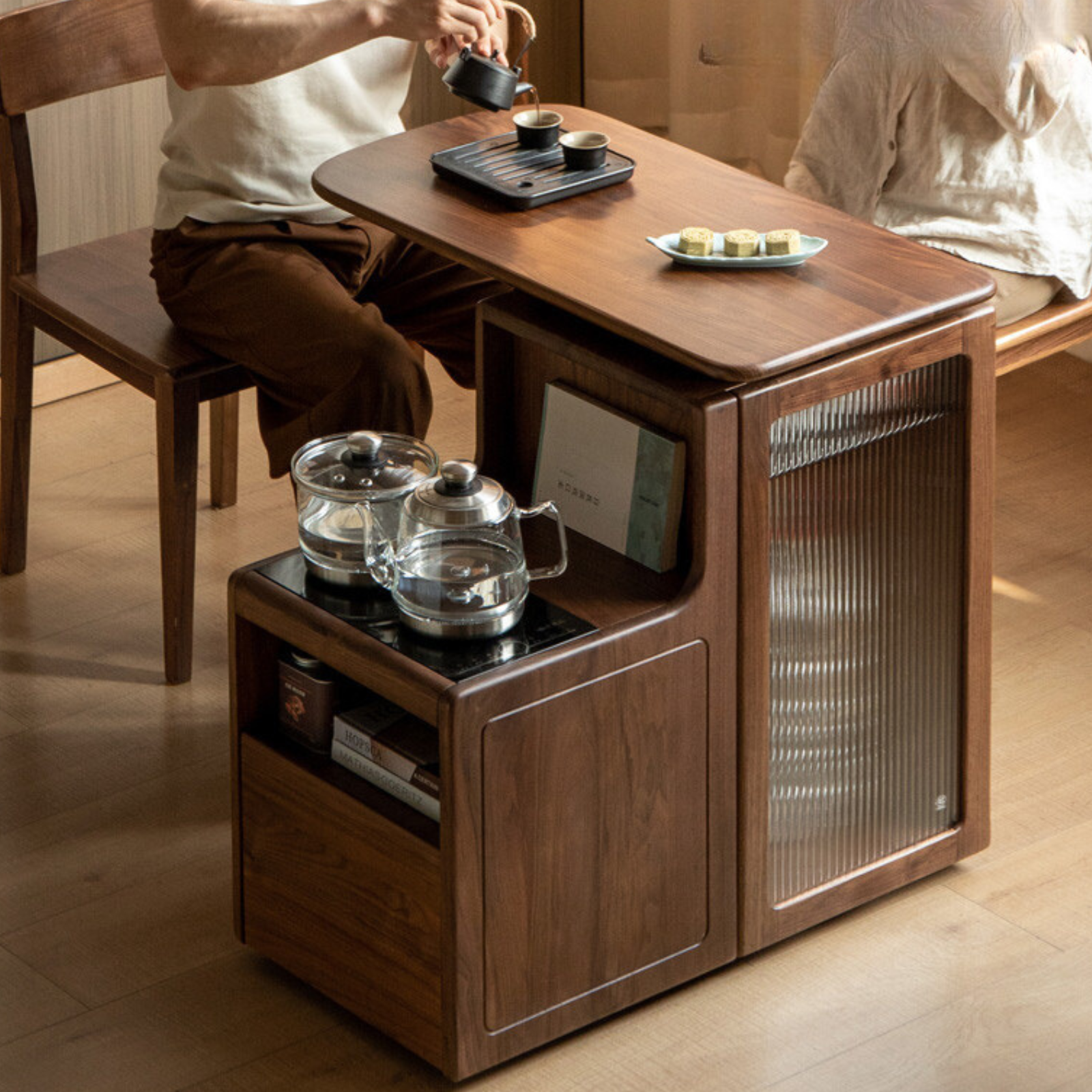Black Walnut, Oak Solid Wood Movable Tea Cabinet With Tea Maker