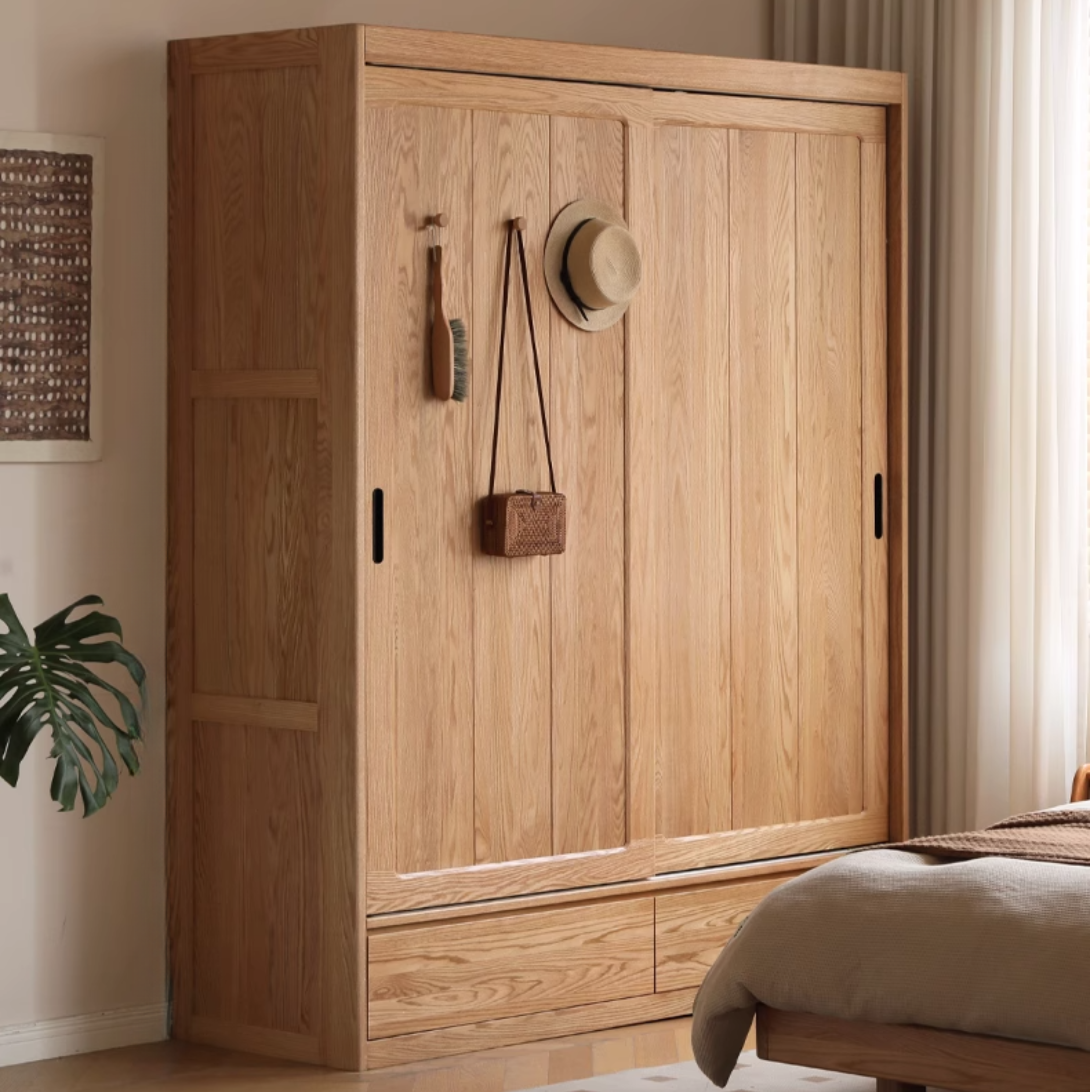 Oak Solid Wood Wardrobe Sliding Door Modern Simple