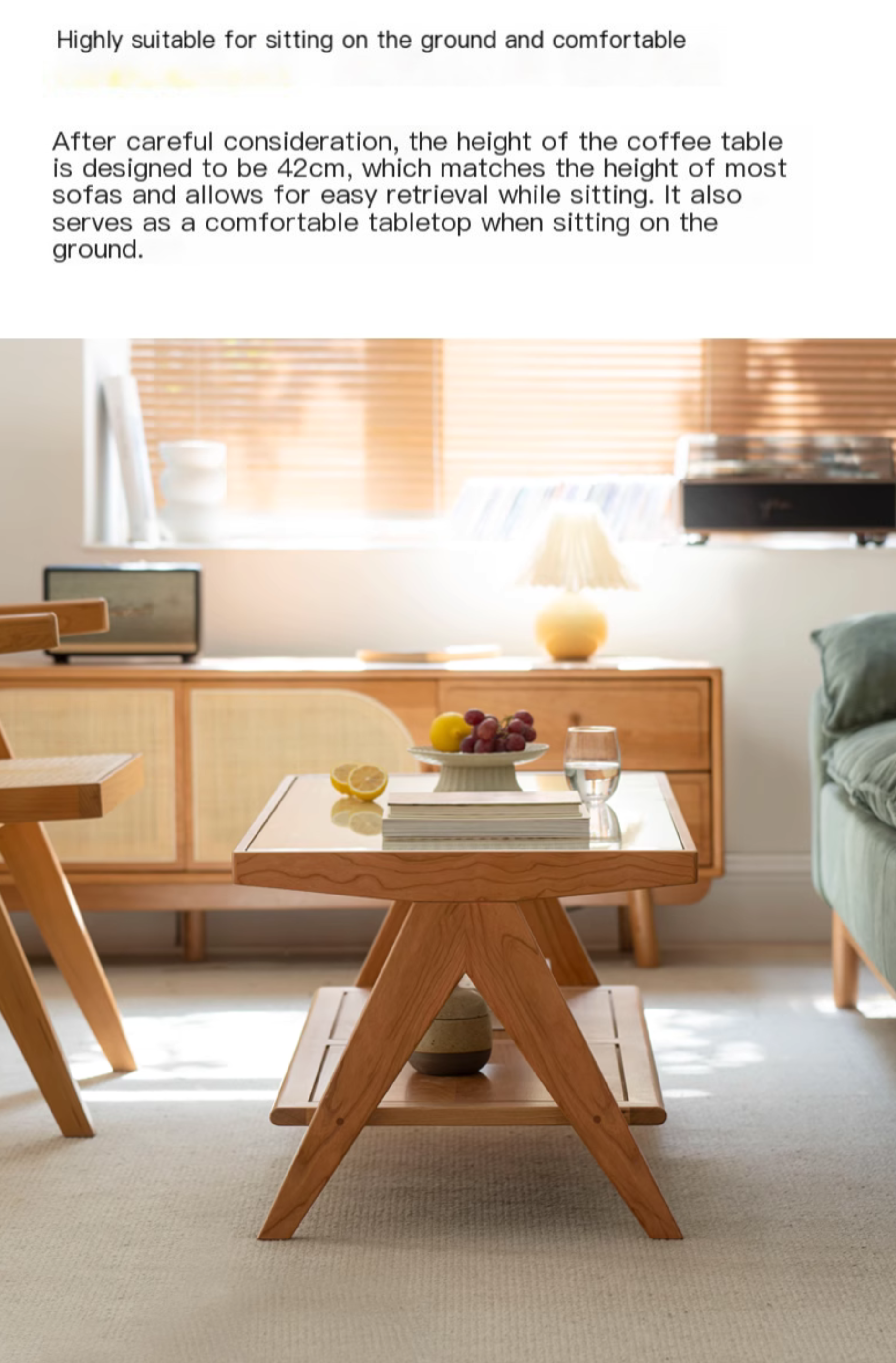 Cherry Solid Wood Modern Rattan Glass Tea Table