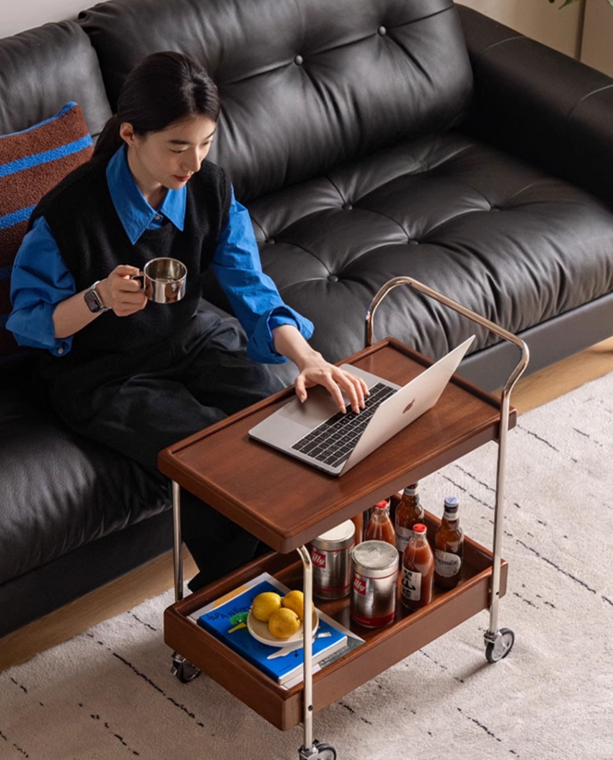 Oak, Poplar Solid Wood Antique Style Double Layer Mobile Side Table