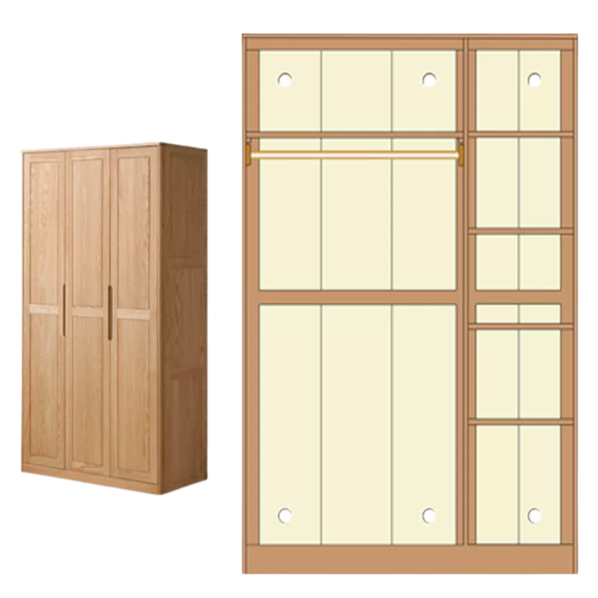 Oak Solid Wood narrow Wardrobe with Framed Panel Doors and Adjustable Layout