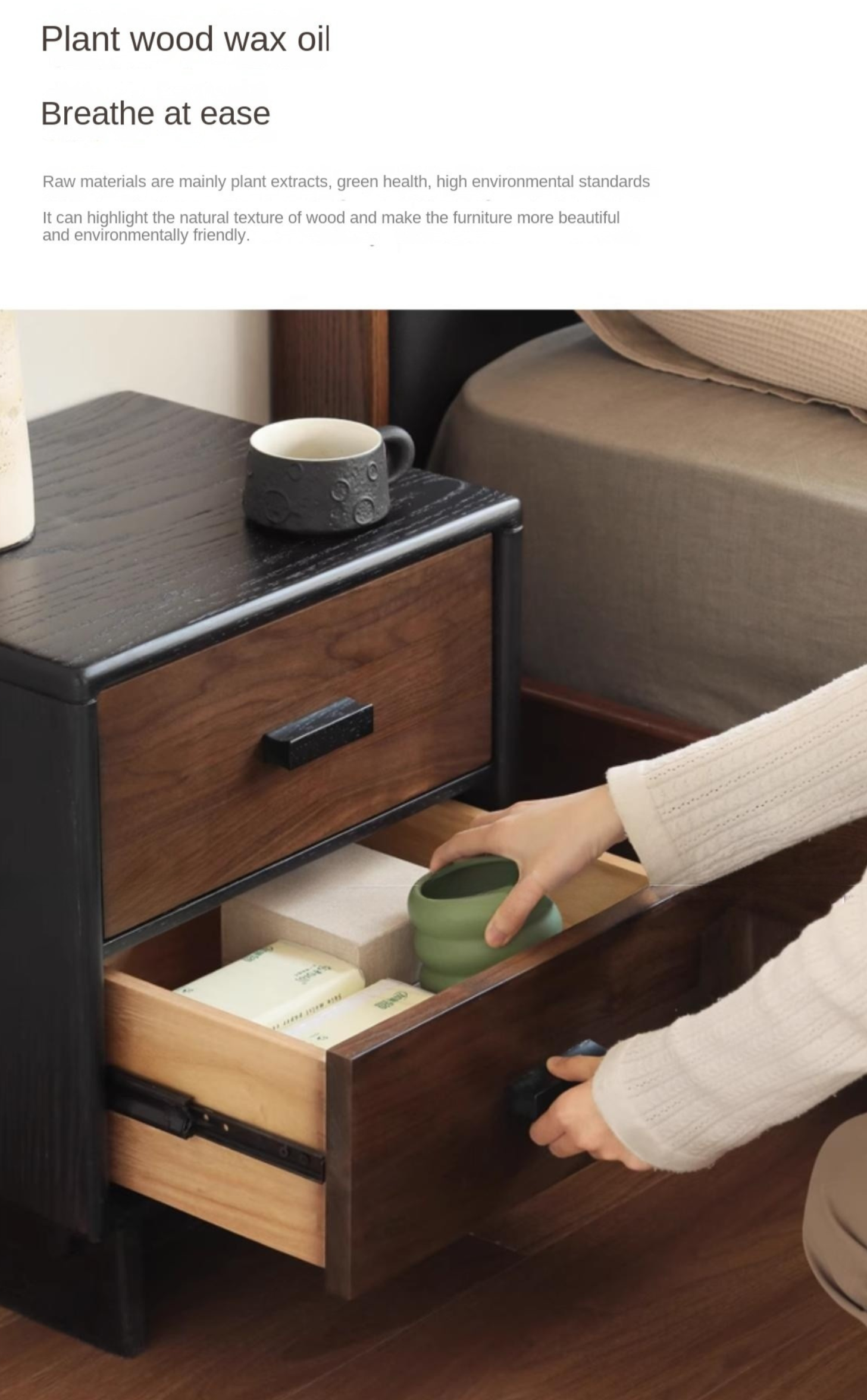 Black Walnut, Oak Solid Wood Nightstand.