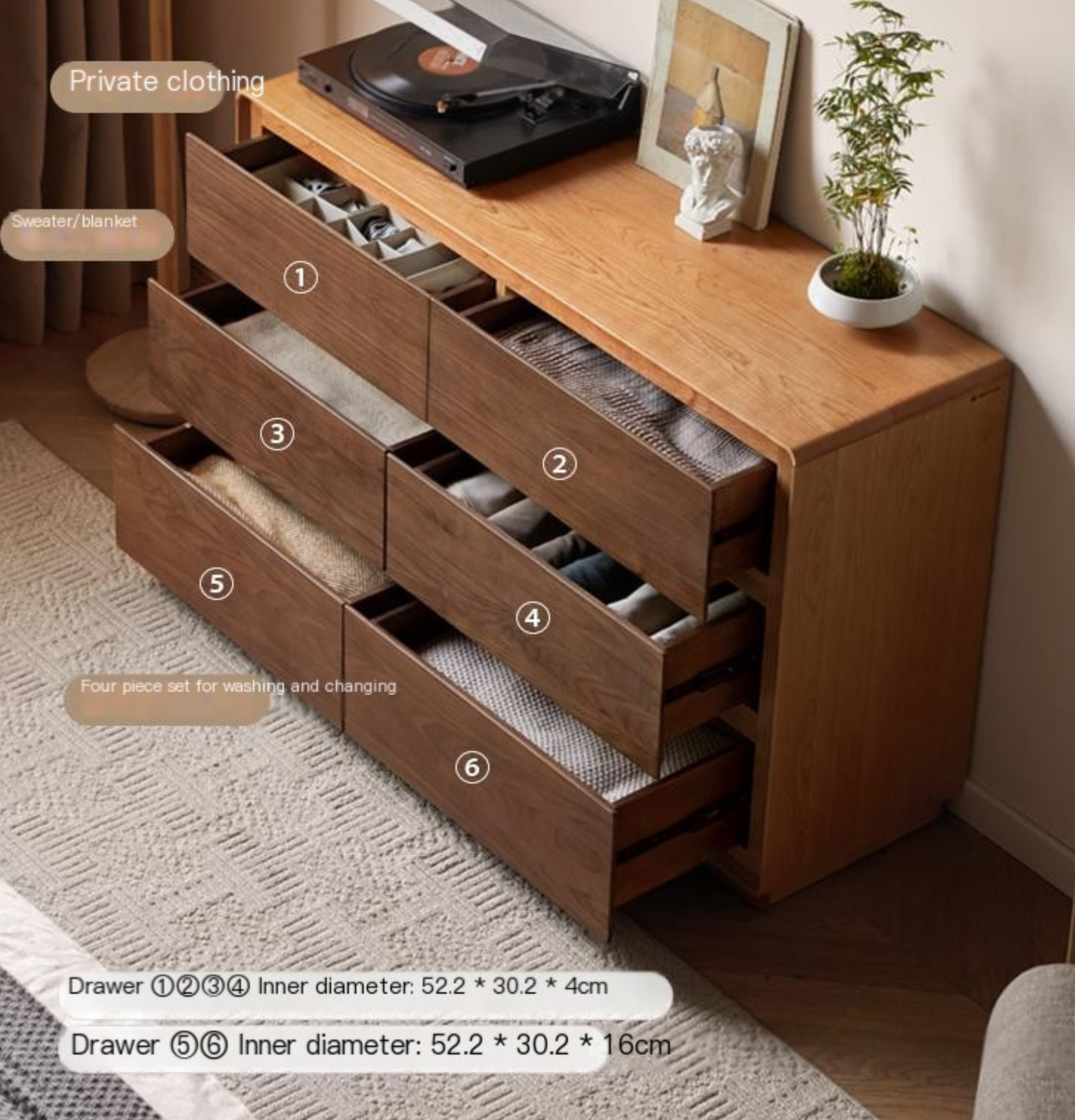 Black Walnut, Cherry Solid Wood Modern Drawer Cabinet.