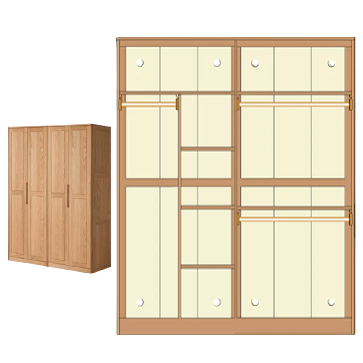 Oak Solid Wood narrow Wardrobe with Framed Panel Doors and Adjustable Layout