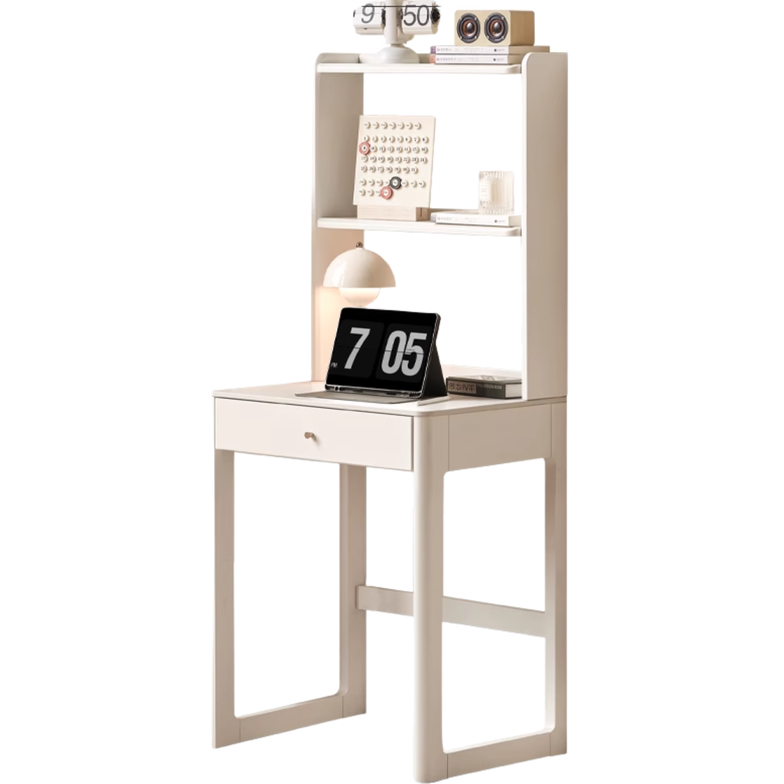 Poplar, Solid Rubberwood Rock Board Desk Bookshelf Integrated White Cream