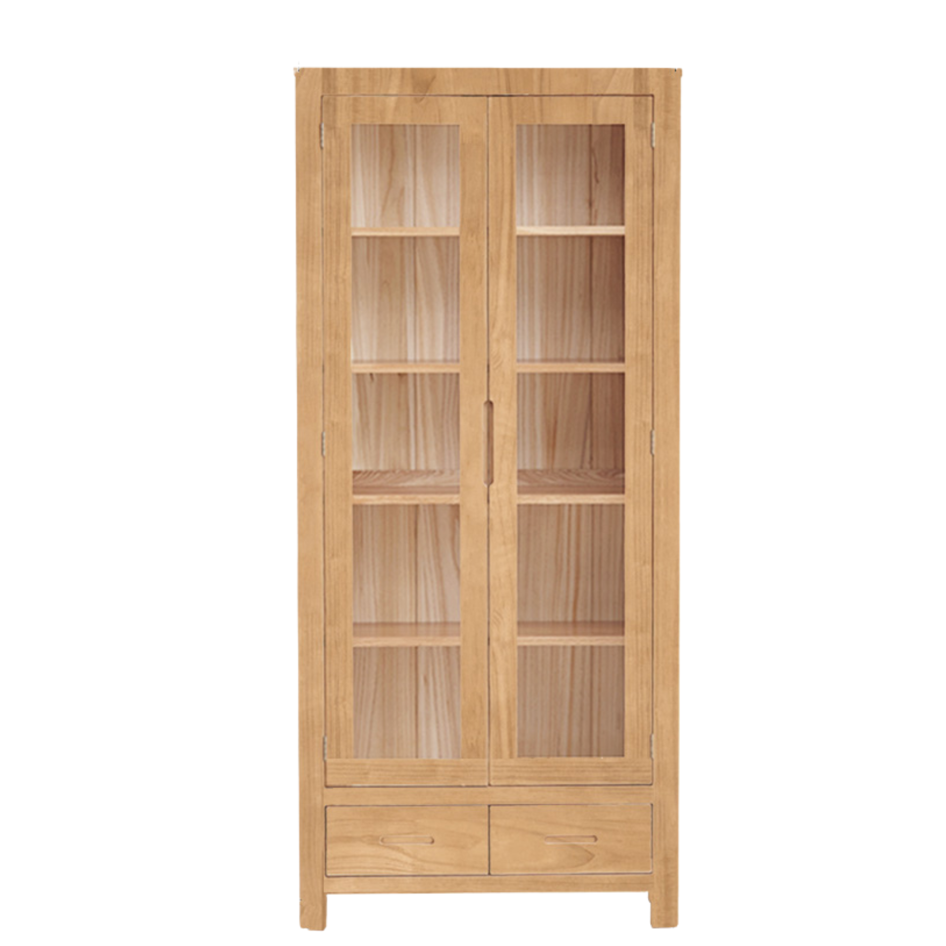 Oak, Solid Rubberwood Modern Bookcase with Glass Door Display Cabinet