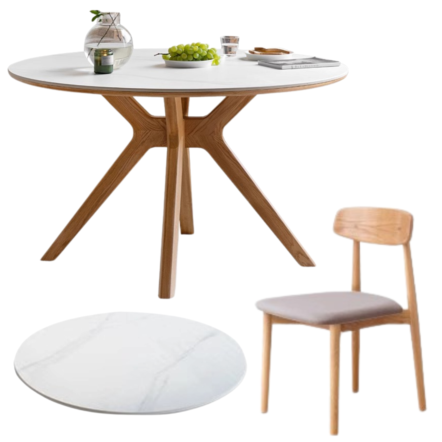 Oak Solid Wood Round Nordic Dining Table With Rock Slab Surface