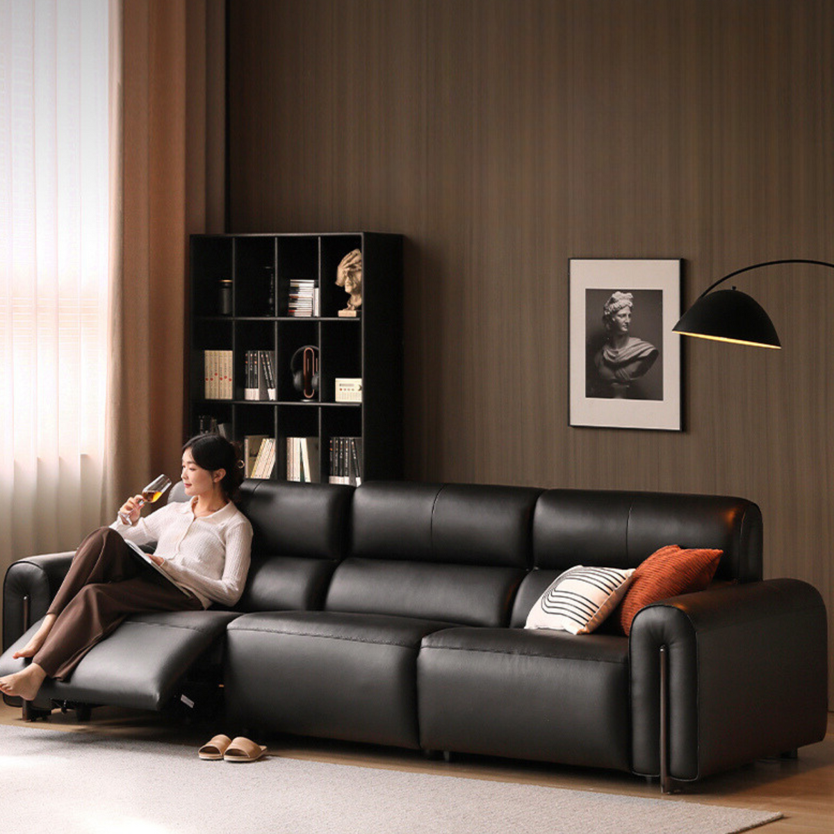 Genuine leather electric zero-wall recliner sofa with deep cushioned seats