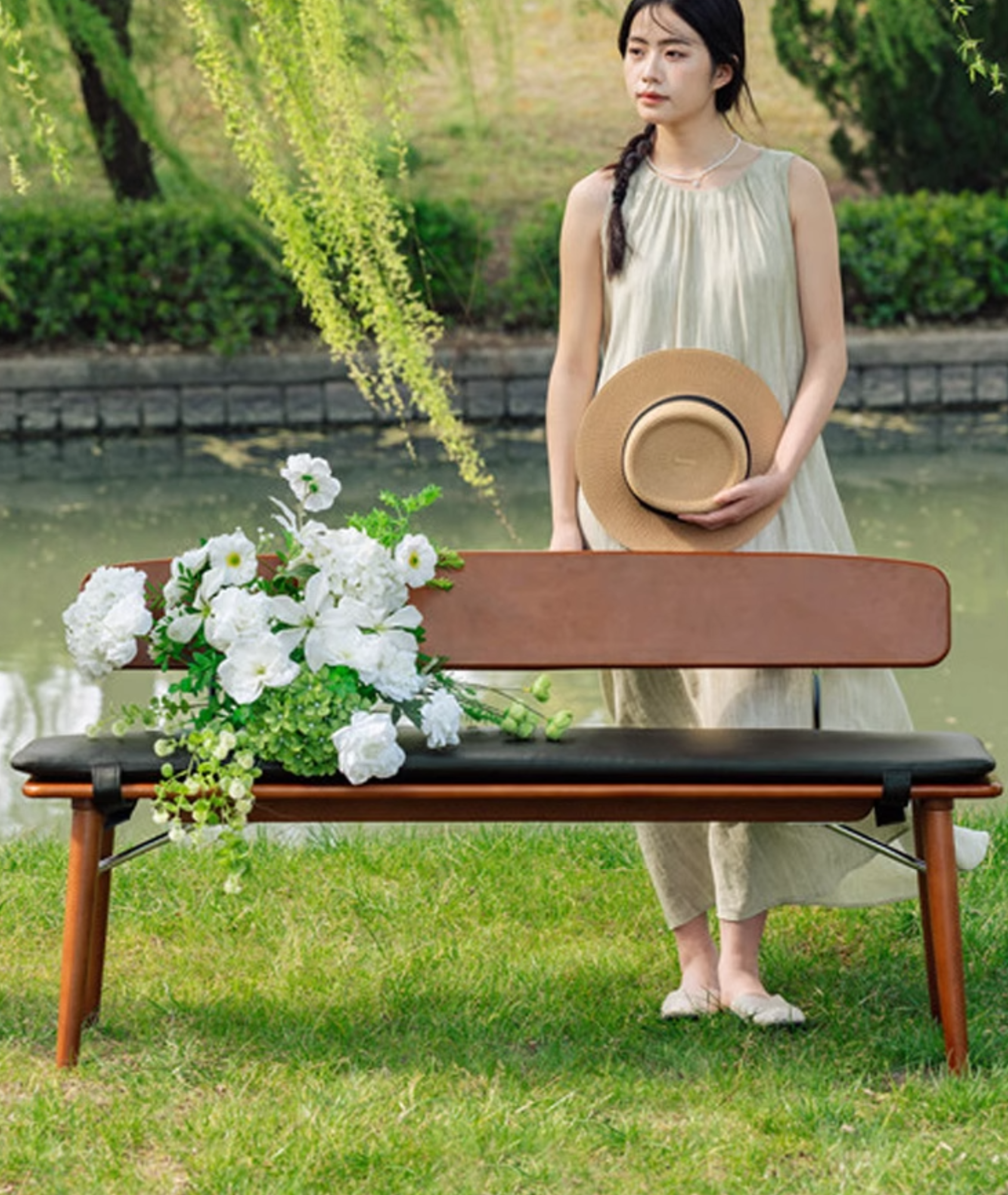 Beech Solid Wood Organic Leather Long Bench