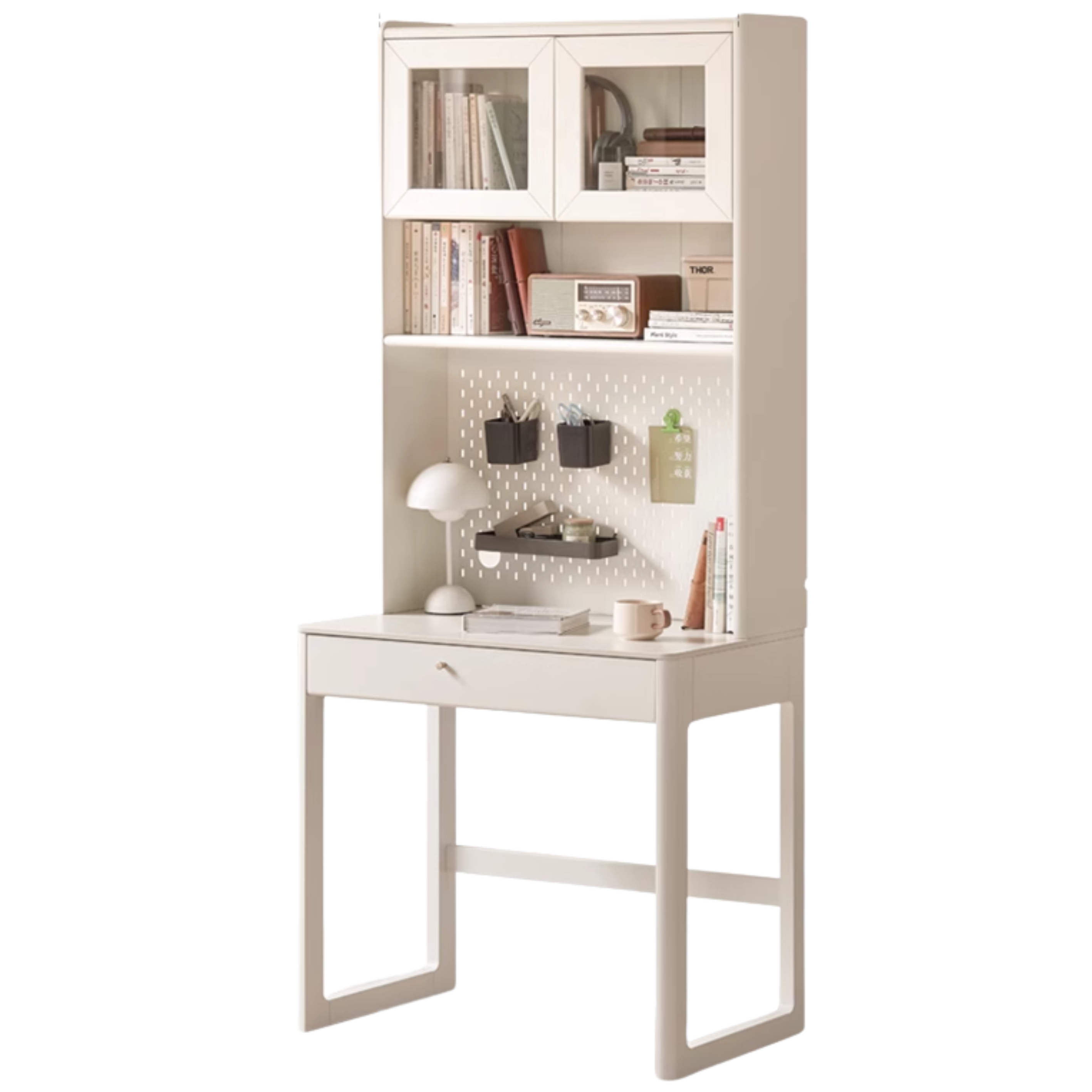 Poplar, Solid Rubberwood Rock Board Desk Bookshelf Integrated White Cream