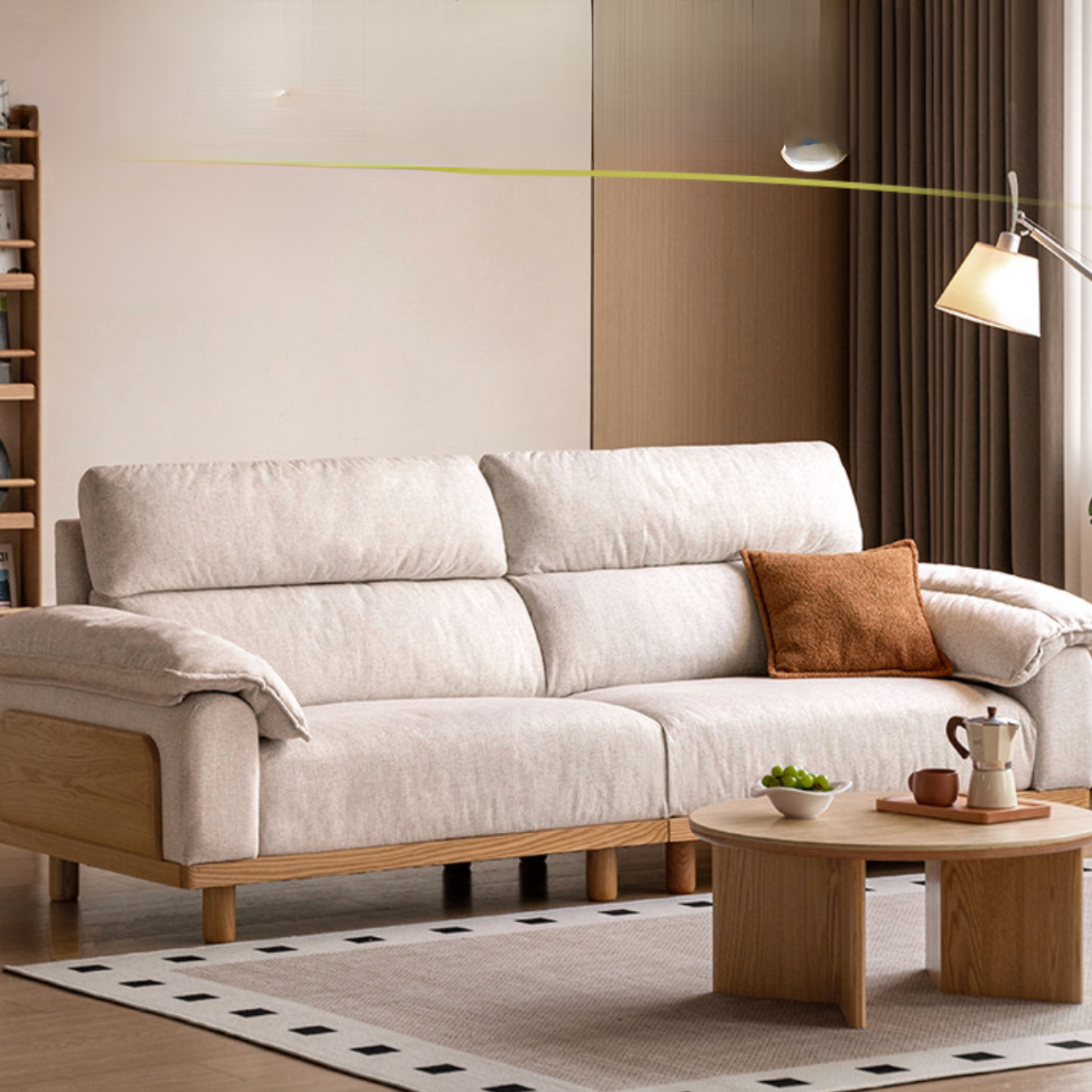 Oak Solid Wood Frame Fabric Sofa with Cotton-Linen Blend Upholstery