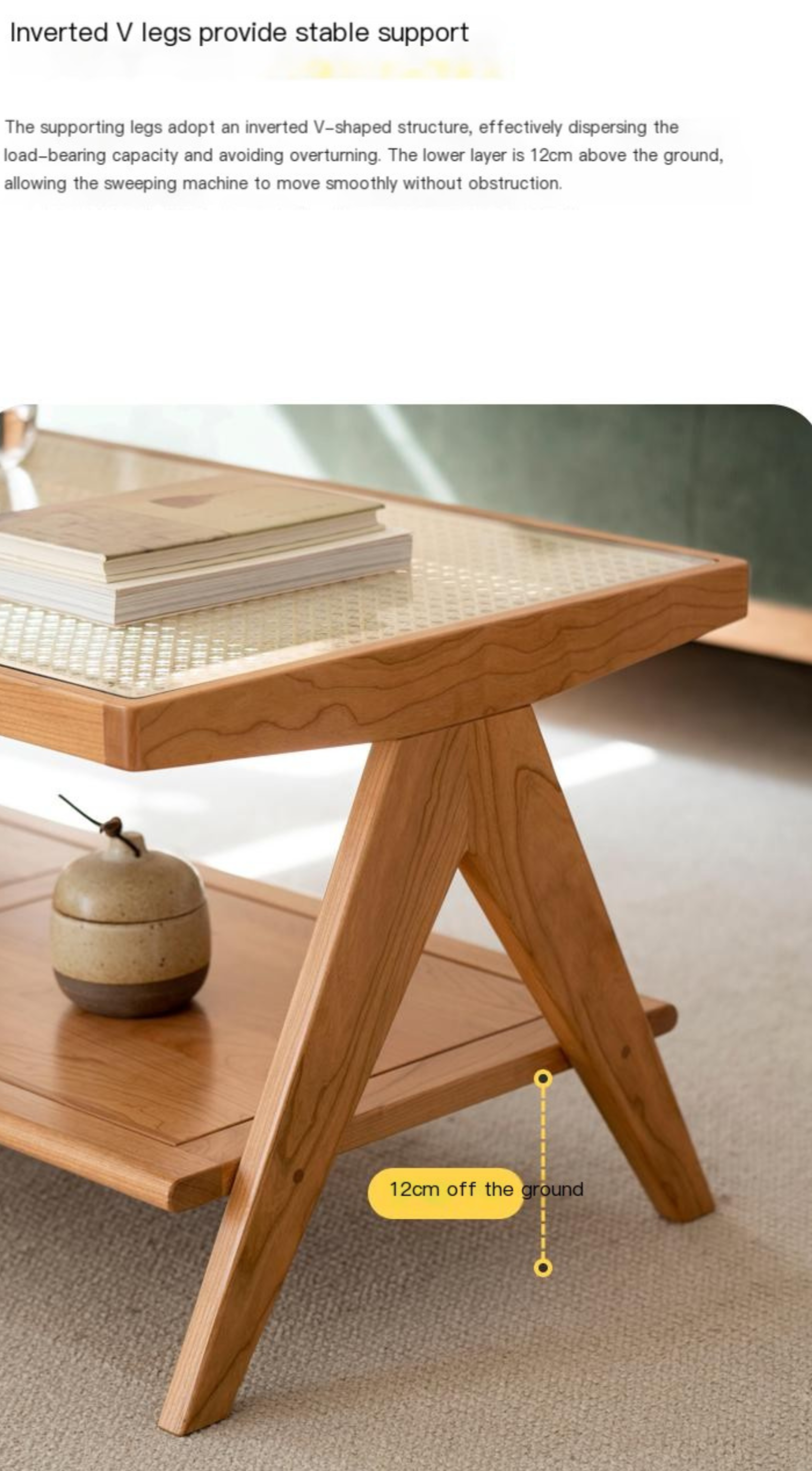 Cherry Solid Wood Modern Rattan Glass Tea Table