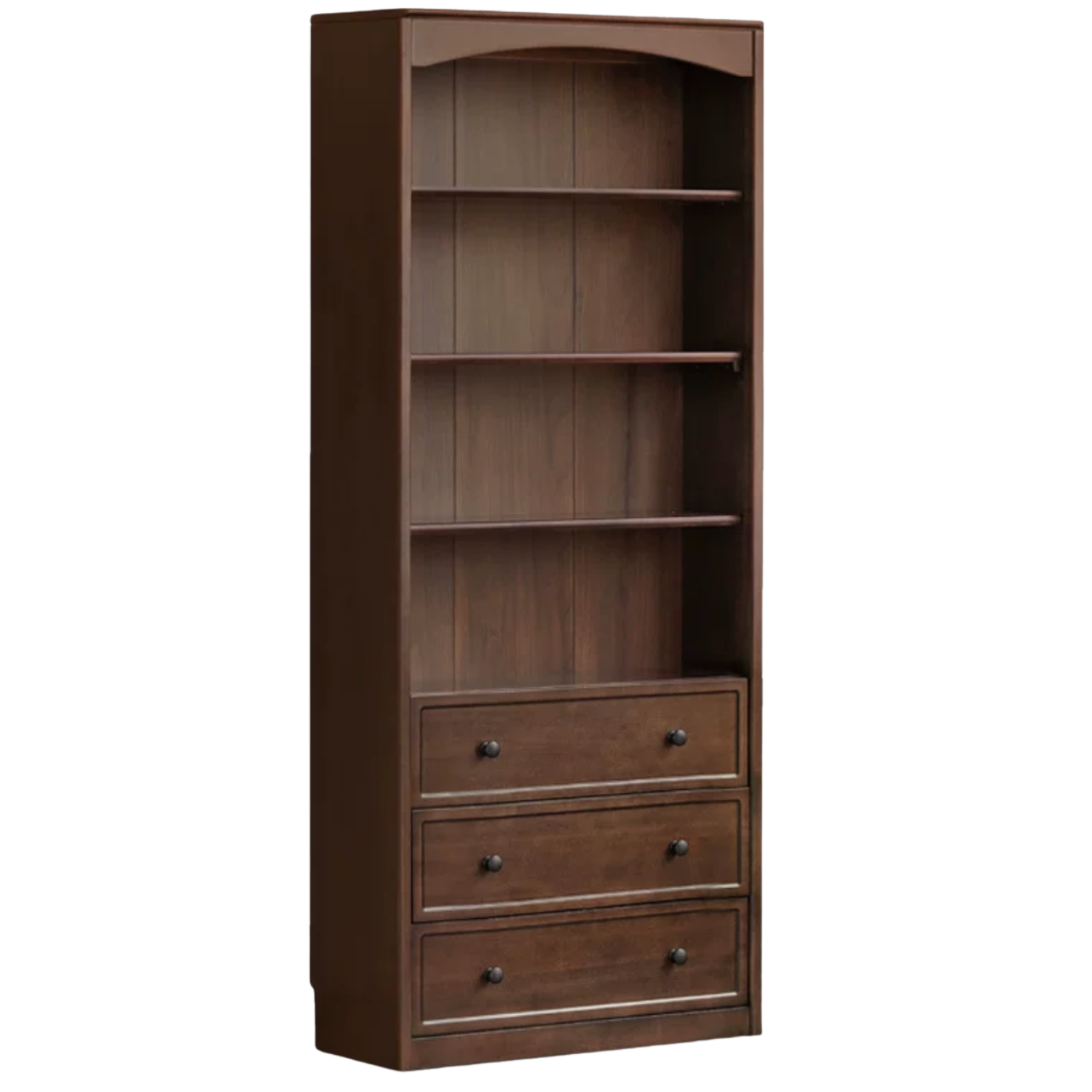 Black Walnut, Poplar Solid Wood French Country Bookcase with Arched Crown and Glass Doors