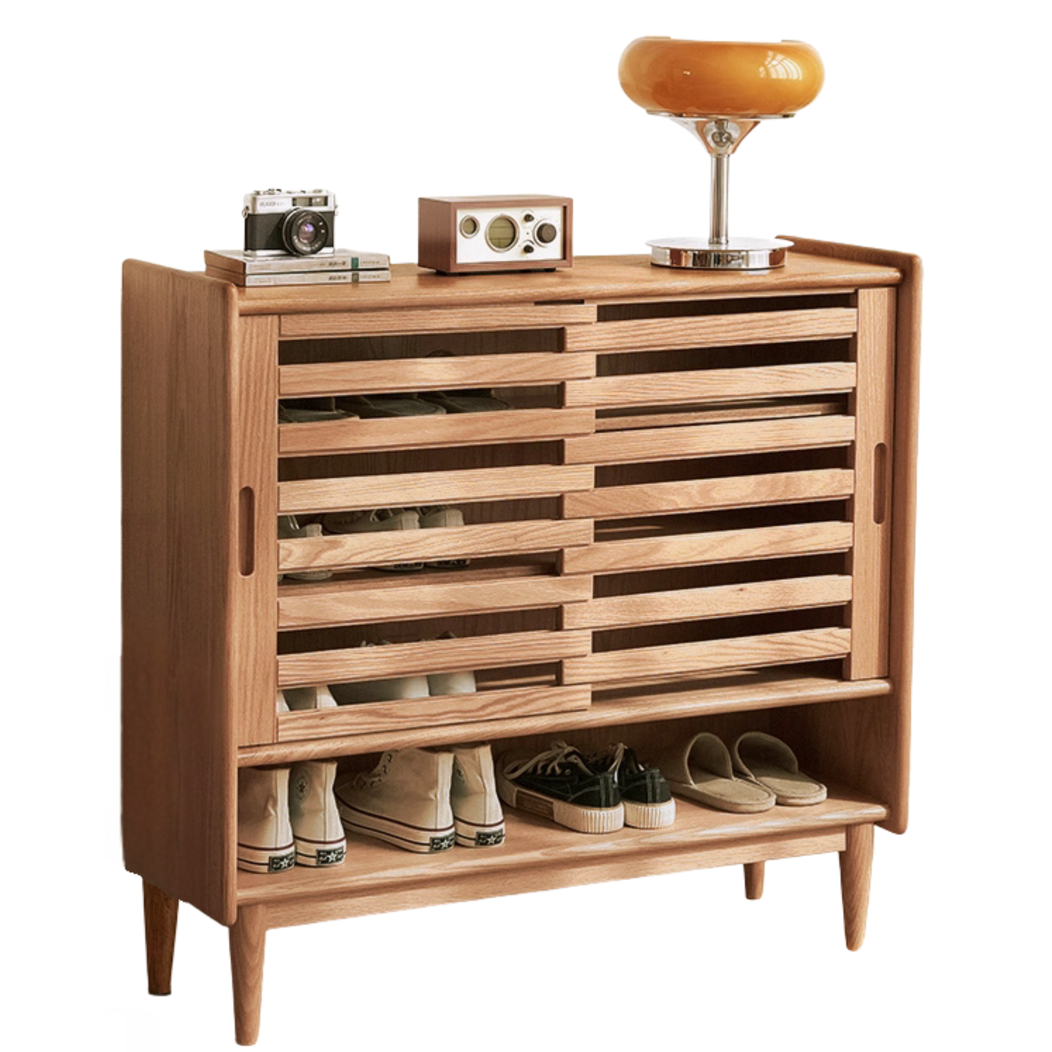 Oak Solid Wood Ultra-Thin Flap Door Rattan Shoe Cabinet