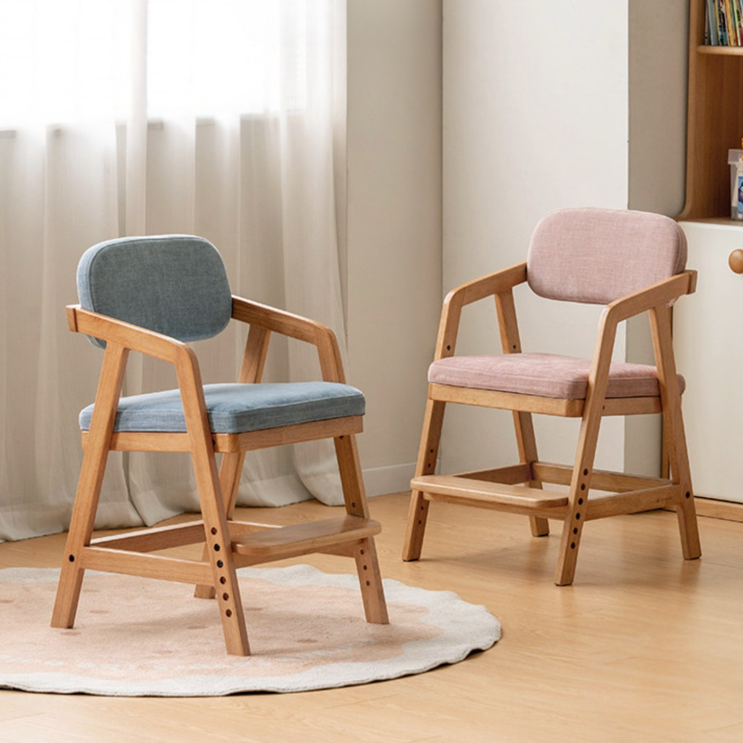 Oak Solid Wood Adjustable Height Kids Soft Chair.