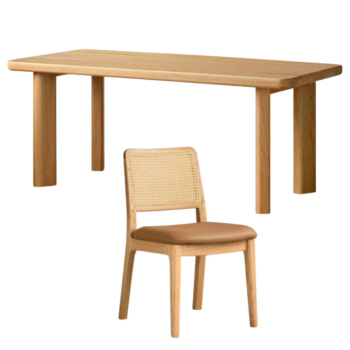 Oak Solid Wood Thick-Top Dining Table with Chunky Legs, Optional Chairs or Bench