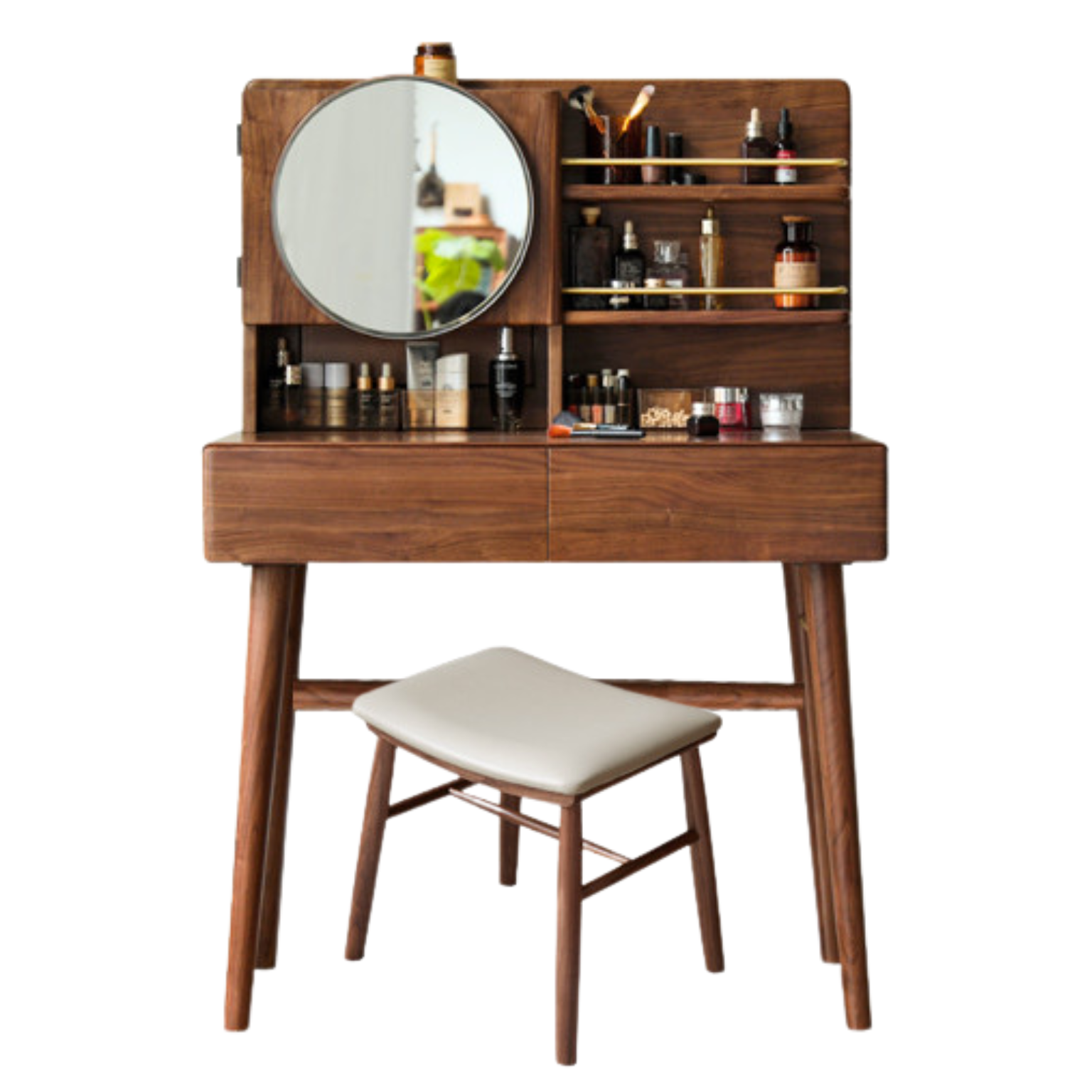 Black Walnut, Sandalwood Solid Wood Moon Makeup Mirror Vanity Table.