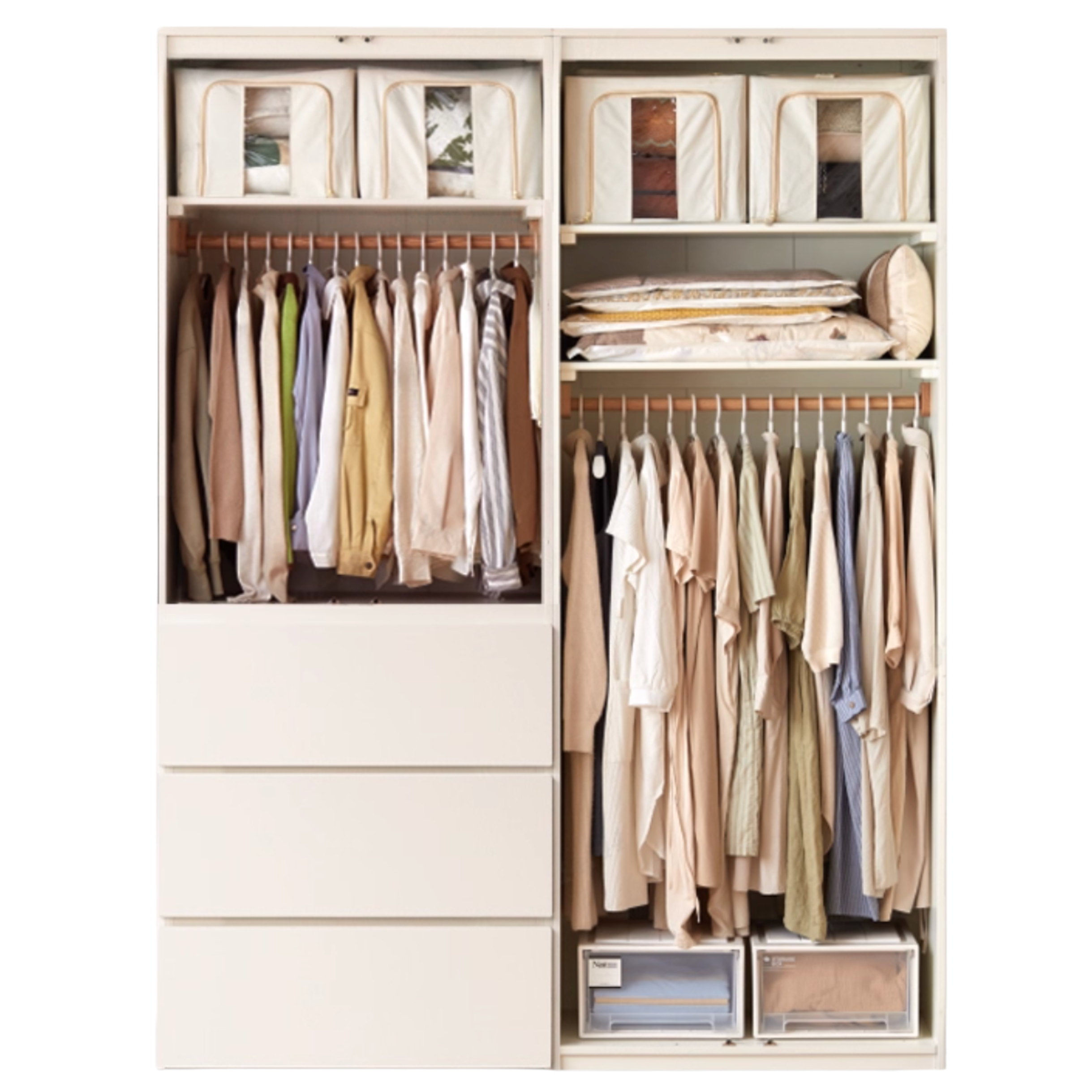 Pine, Oak Solid Wood Sectional Large Wardrobe Cream Style.