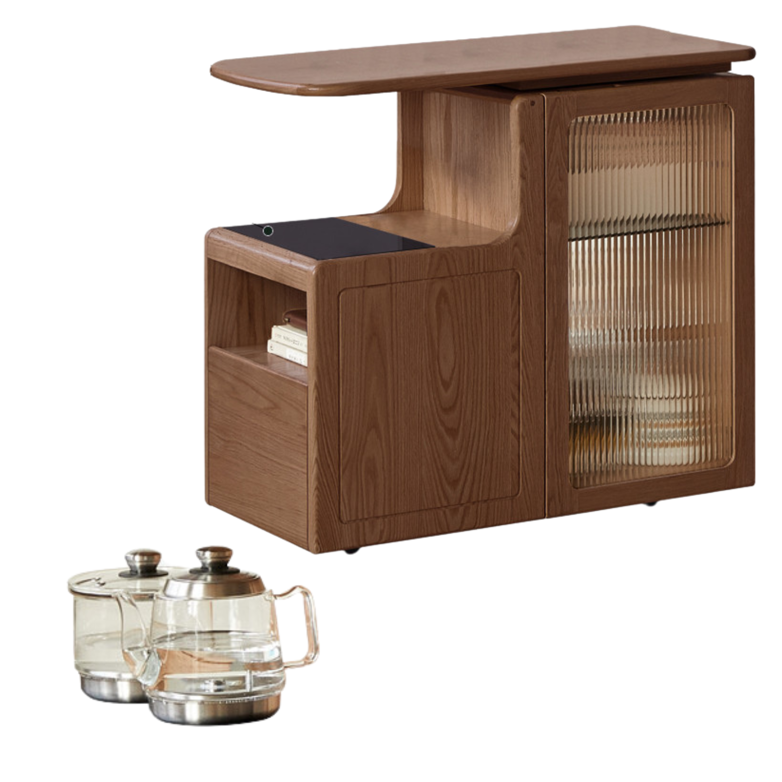 Oak, Black Walnut Solid Wood Movable Tea Cabinet With Tea Maker