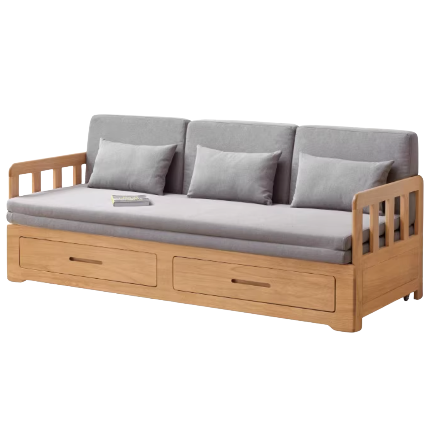 Oak, Solid Rubberwood Sofa Bed Folding Retractable Storage.