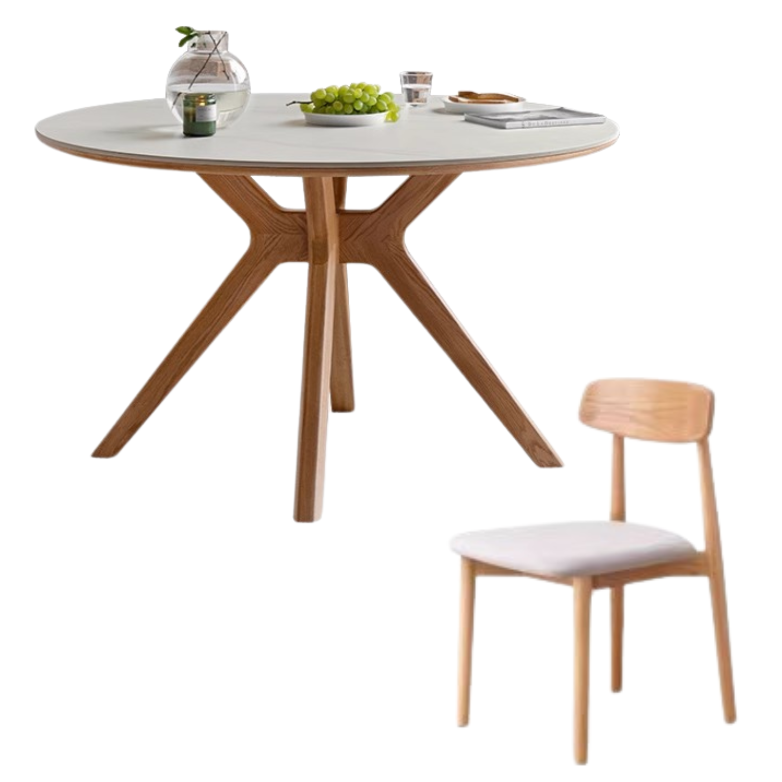 Oak Solid Wood Round Nordic Dining Table With Rock Slab Surface