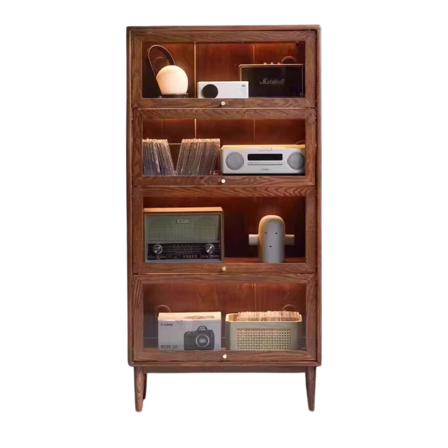 Black Walnut, Oak Solid Wood Glass Flip Door Bookcase, Side Cabinet