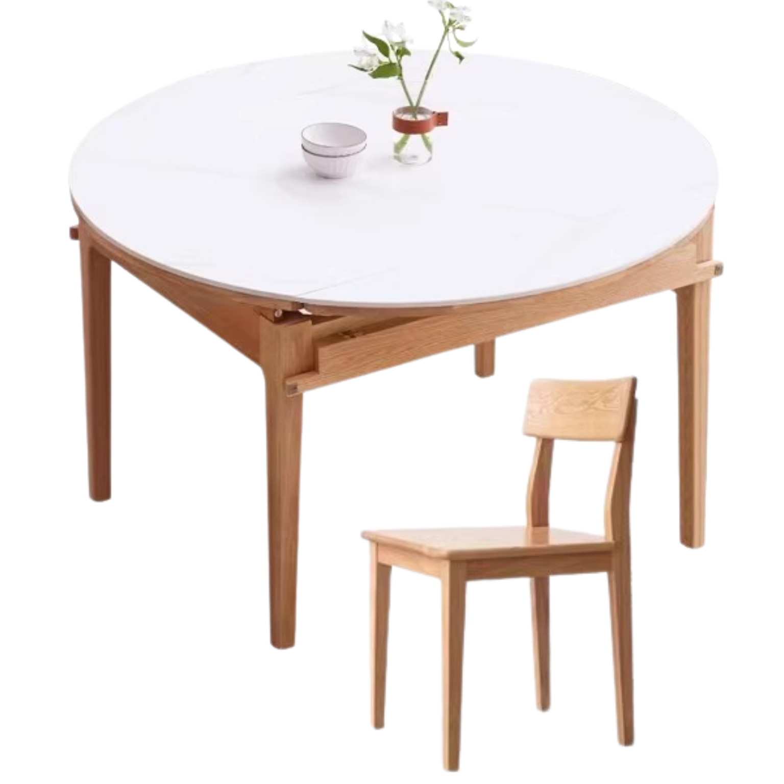Oak, Solid Rubberwood Round Folding Dining Table With Rock Slab Surface