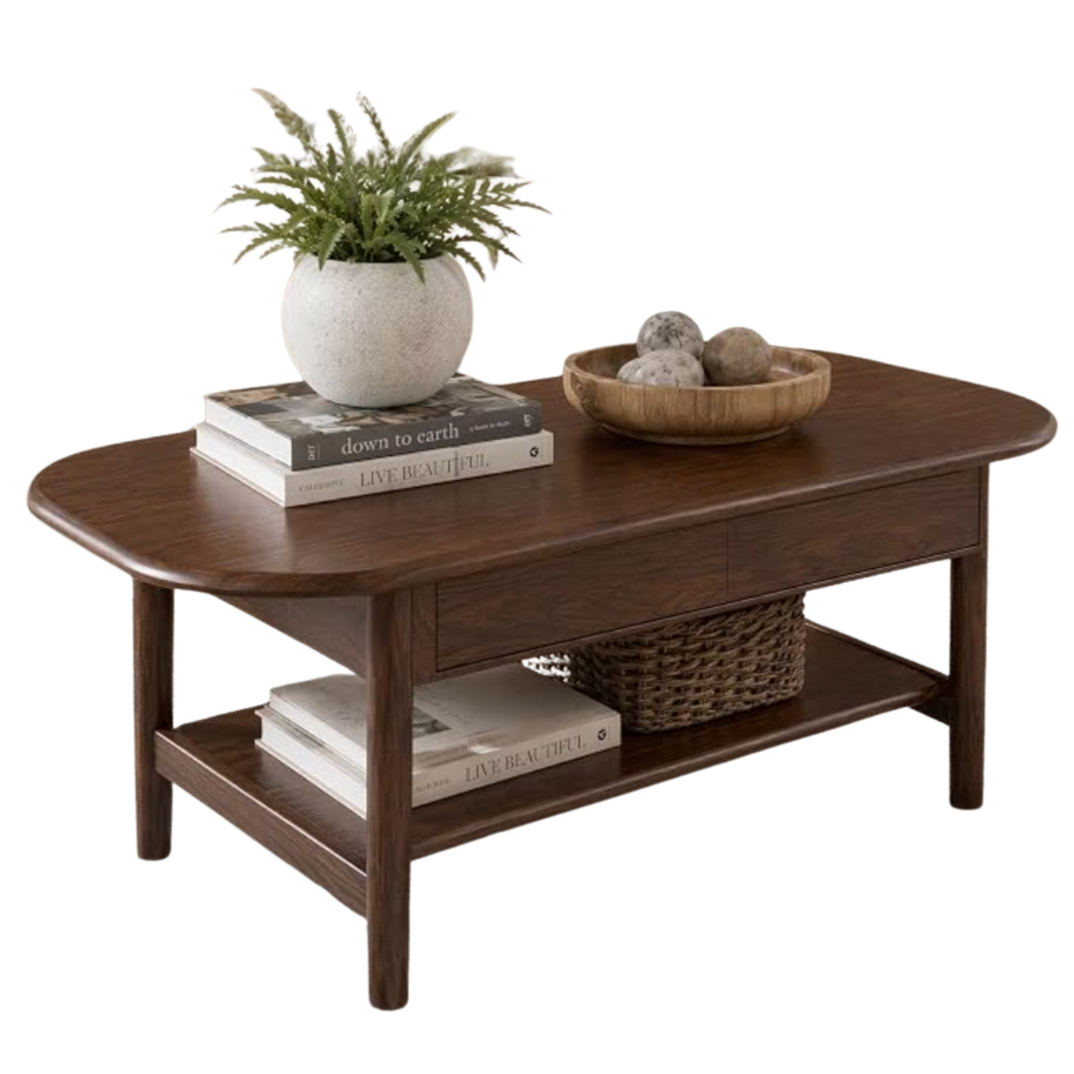 Oak Solid Wood Coffee Table with Integrated Drawer Storage